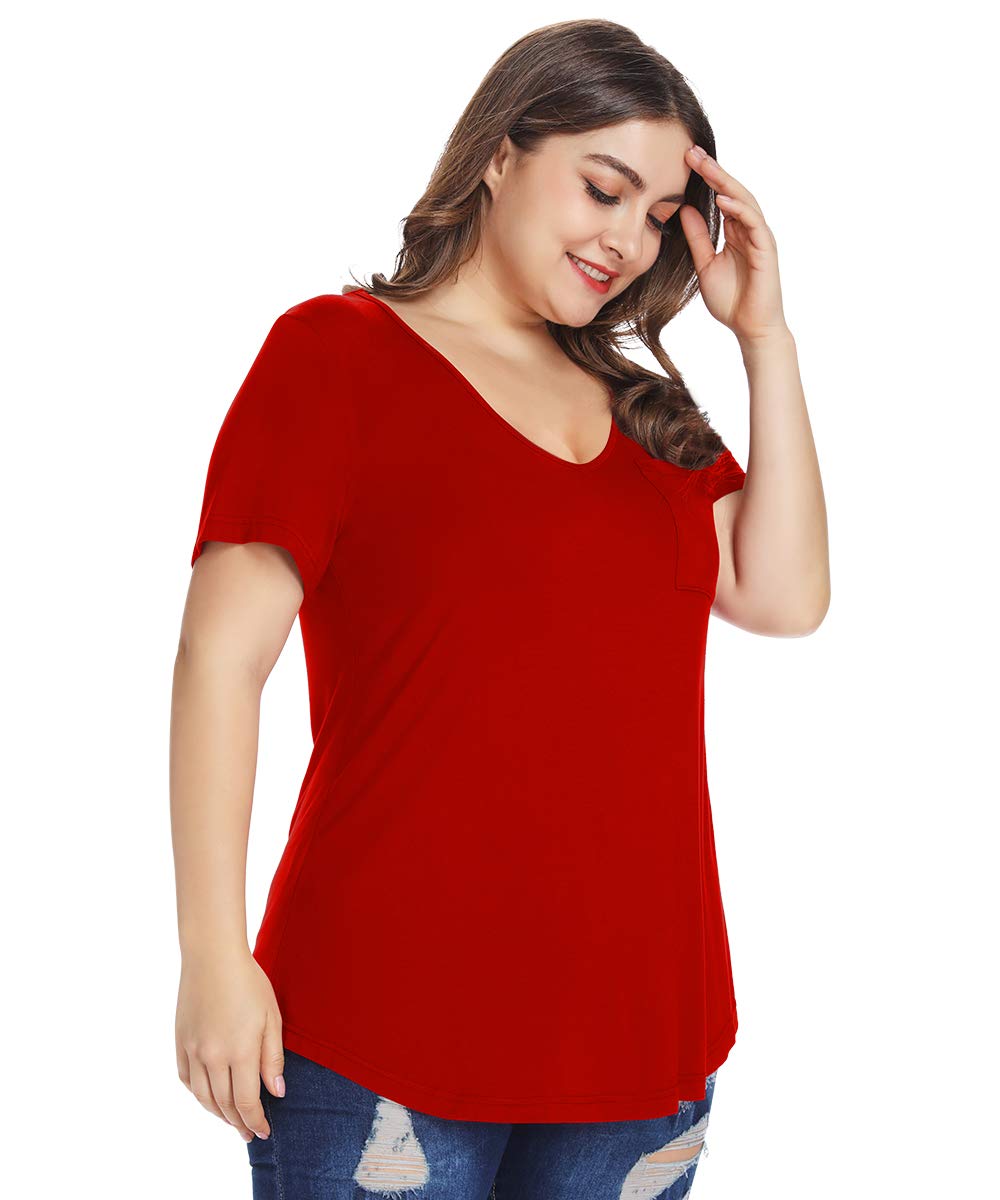 MONNURO Plus Size Women's Casual V-Neck Short Sleeve T-Shirts with Pocket - Summer Comfort Top for Work, Travel & Everyday Wear