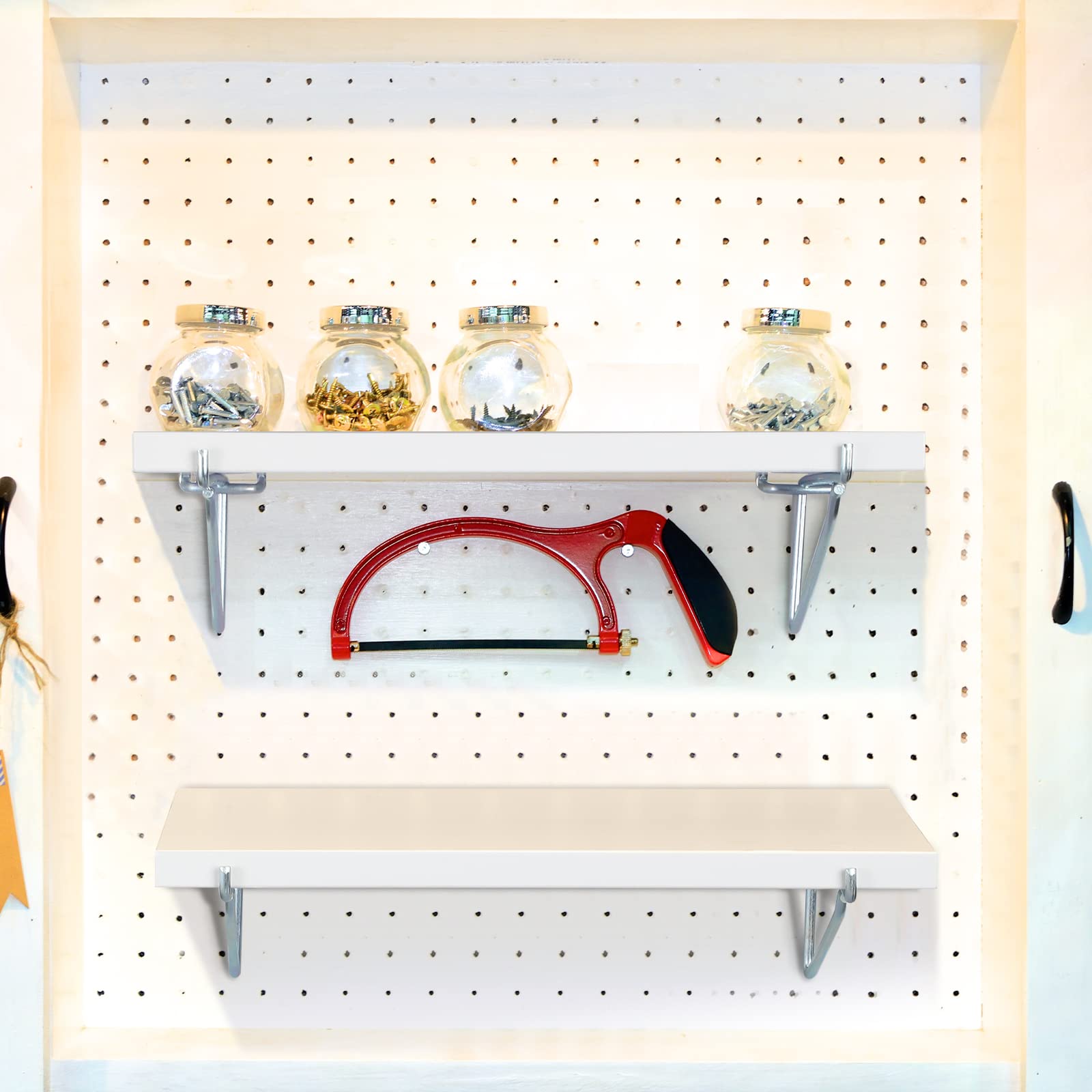 Blulu 4-Piece Large Pegboard Shelf Kit - Durable Fiberboard Pegboard Shelving with Stain-Resistant Storage Brackets - Wall Organizer for Garage, Kitchen & Workshop (10 x 5.7 Inches, White) - Perfect for Tools, Spices & Craft Supplies Storage