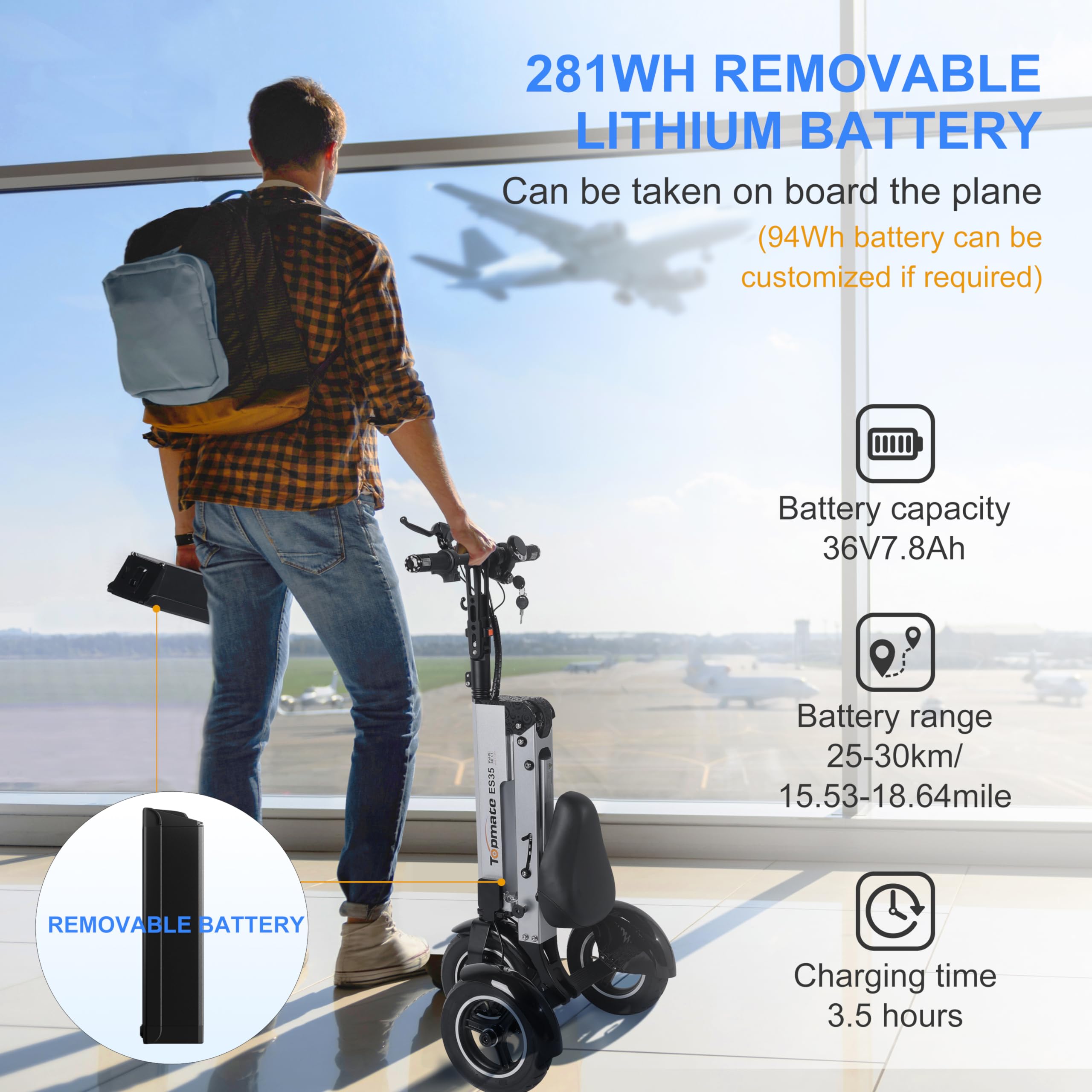 TopMate ES35 3-Wheel Foldable Electric Mobility Scooter for Adults - Lightweight & Portable with Removable 36V 7.8AH Battery, Reverse Function & Key Switch - Perfect for Commuting, Travel & Outdoor Activities