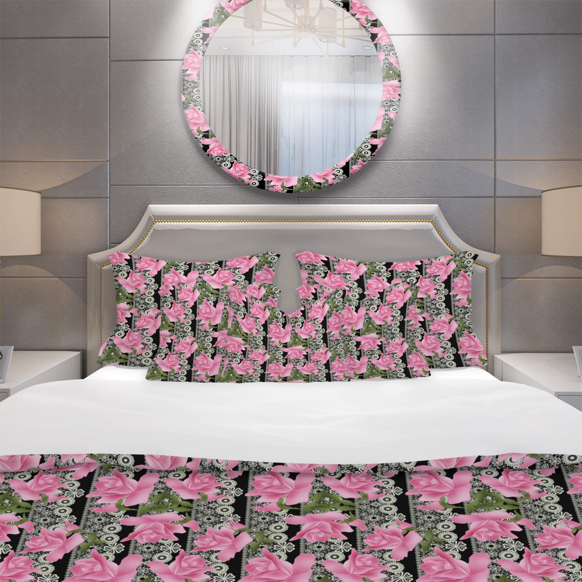 DesignQ Black Lace Roses Nautical Coastal Duvet Cover Set - Pink Twin Size 3-Piece Floral Bedding | All-Season Comfort for Beach House, Guest Room & Coastal-Themed Bedroom Decor
