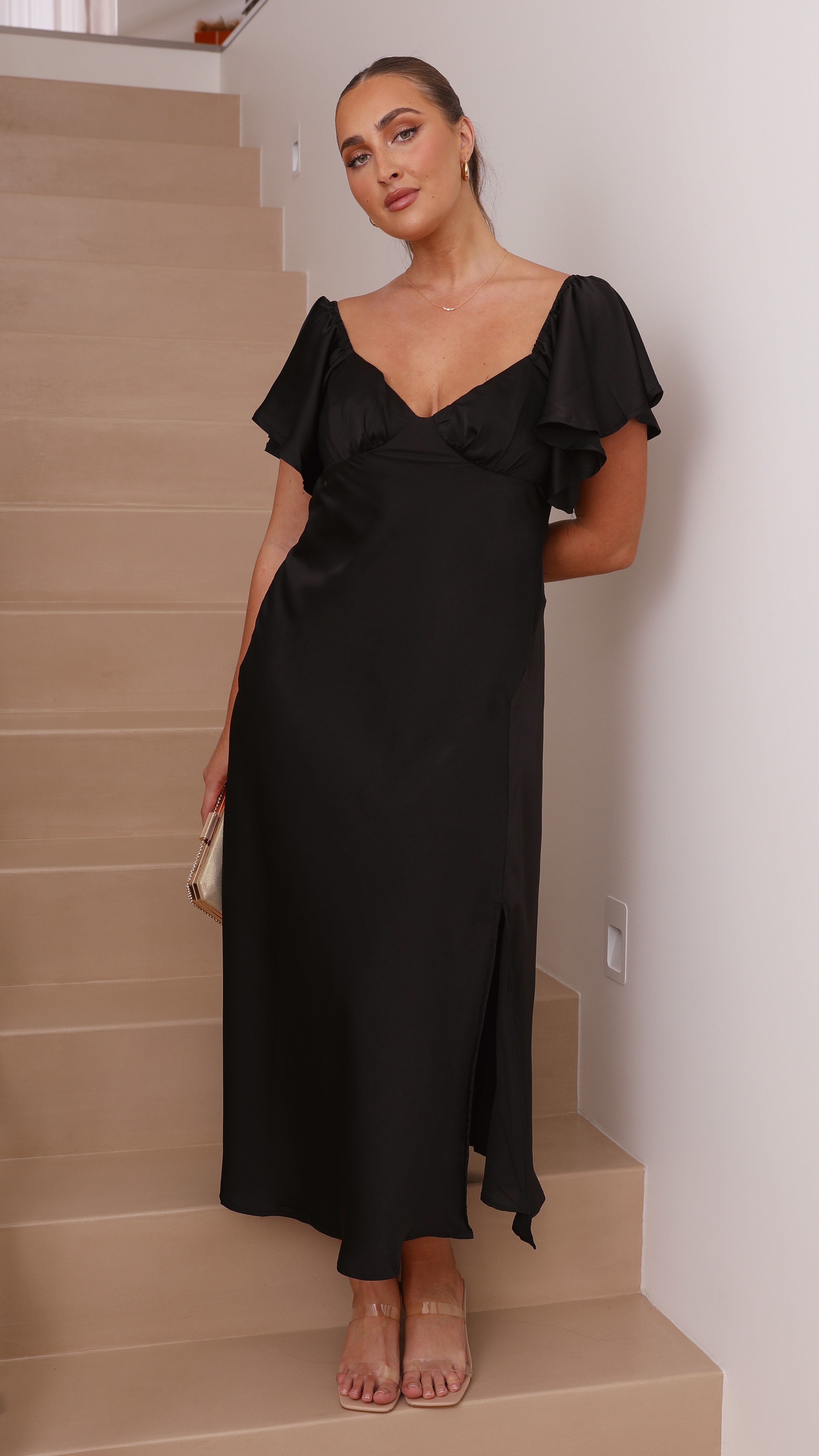 Louisa Midi Dress for Women - Elegant Black Flowy Summer Dress for Casual Wear, Office & Date Night | Plus Size Options Available