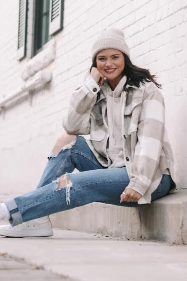 Beige Plaid Knit Shirt Jacket for Women - Cozy Oversized Button Up Cardigan Sweater | Perfect for Fall Layering, Casual Outfits & Outdoor Activities