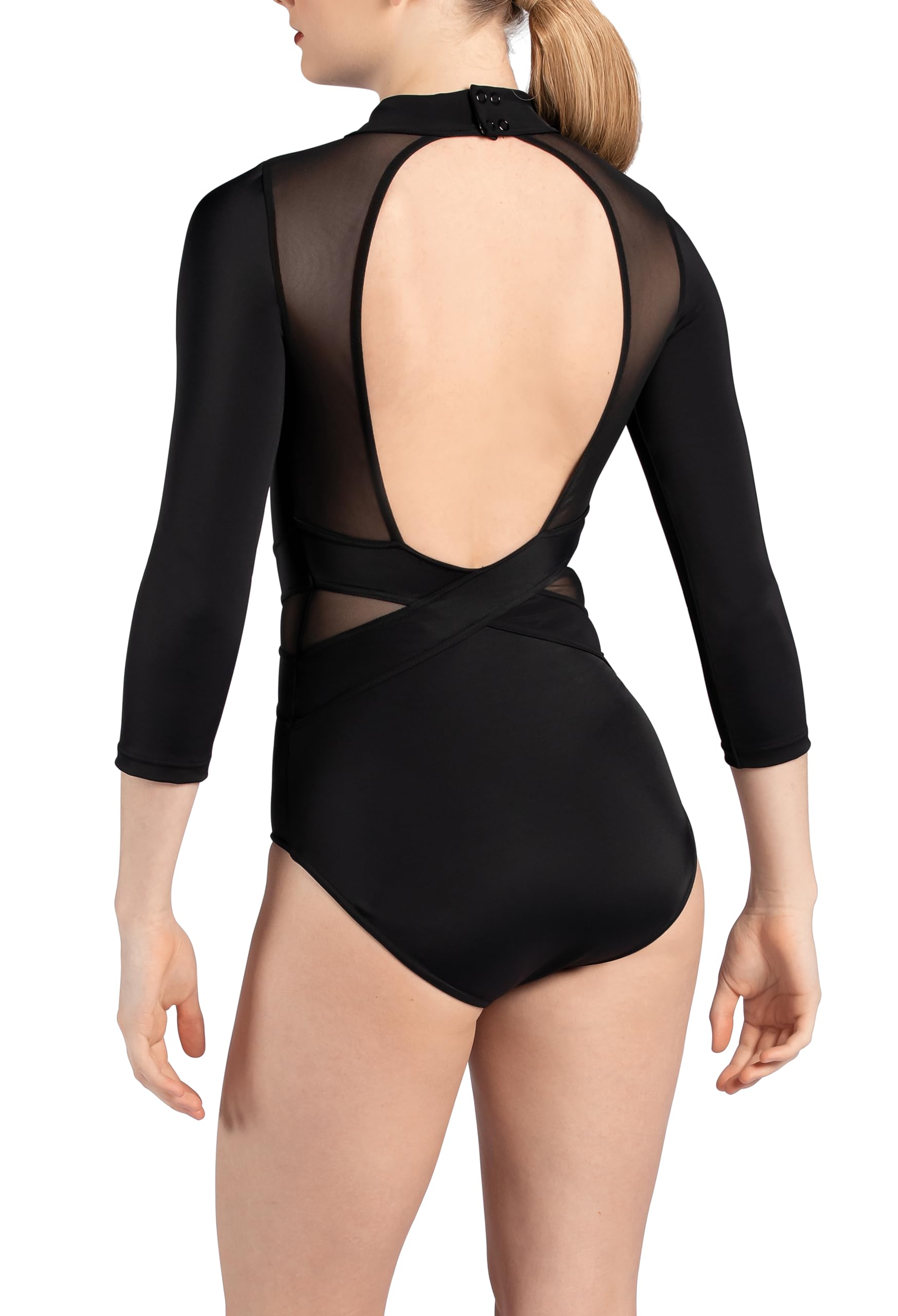 Balera Women's Contemporary Illusion Mesh 3/4 Sleeve Dance Leotard - Stretch Ballet & Jazz Performance Wear for Girls and Teens