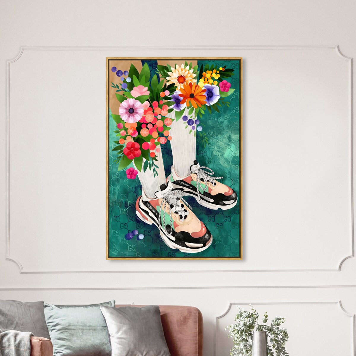 Stylish Floral Sneakers & Socks Set with Modern Green Framed Canvas Wall Art - Perfect for Bedroom Decor and Fashion Outfits | Home & Fashion Combo