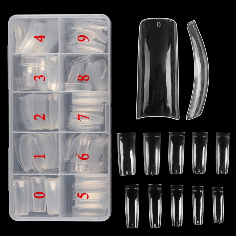 FAMEZA 100 Pcs Curved Nail Tips Kit with Box - Tapered Square Hawk Curve Fake Nails, Half Cover Clear Press On Nails for Salon & DIY Nail Art (10 Sizes) - Perfect for 80s 90s Retro Style, Parties & Special Occasions