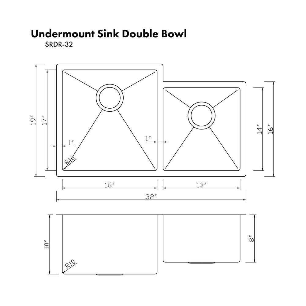 ZLINE Jackson 32-Inch Undermount Double Bowl Stainless Steel Kitchen Sink with Bottom Grid (SRDR 32) - Perfect for Modern Kitchens, Food Prep & Dishwashing