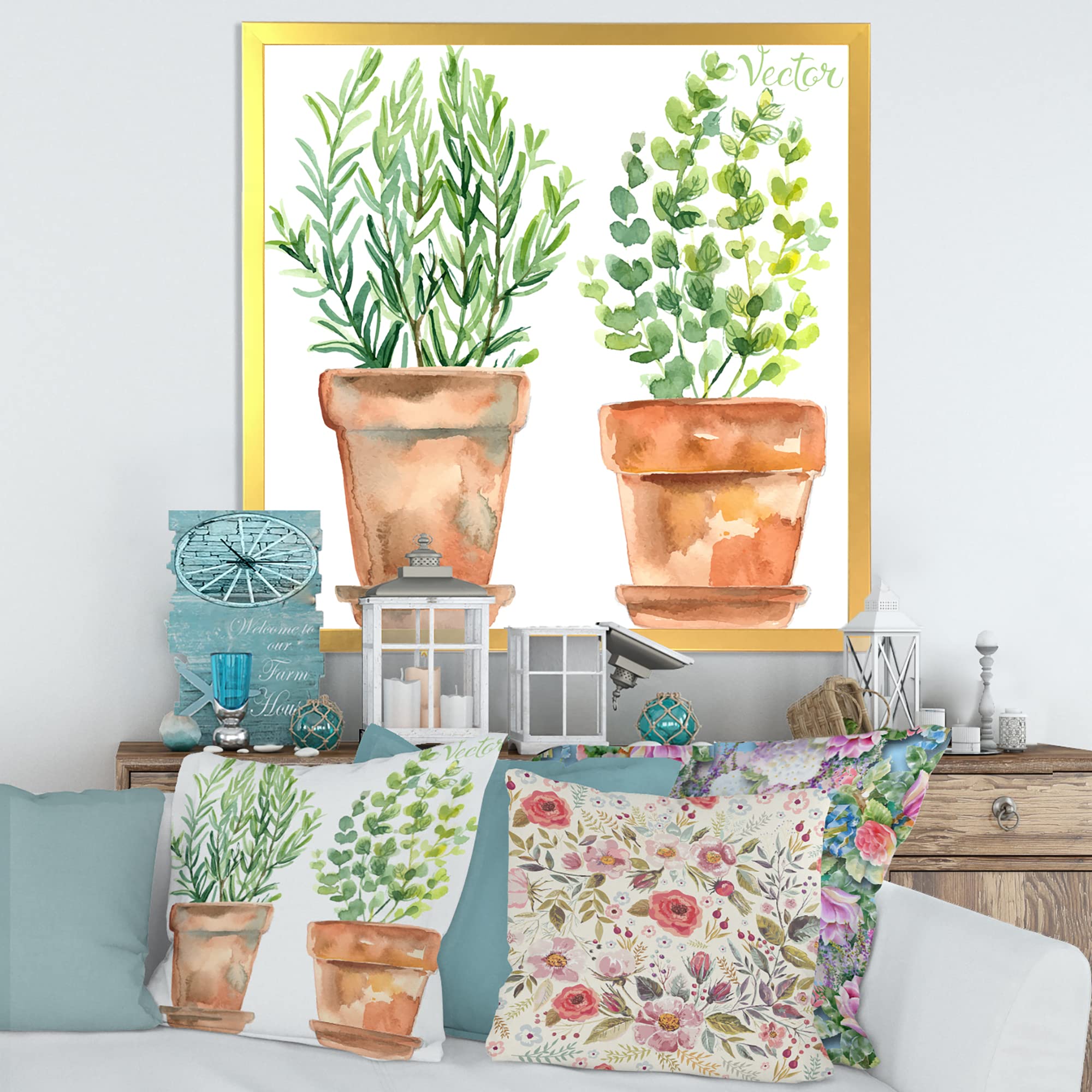 2 Green House Plants in Orange Flower Pots - Traditional Framed Wall Art Decor for Living Room, Bedroom & Office
