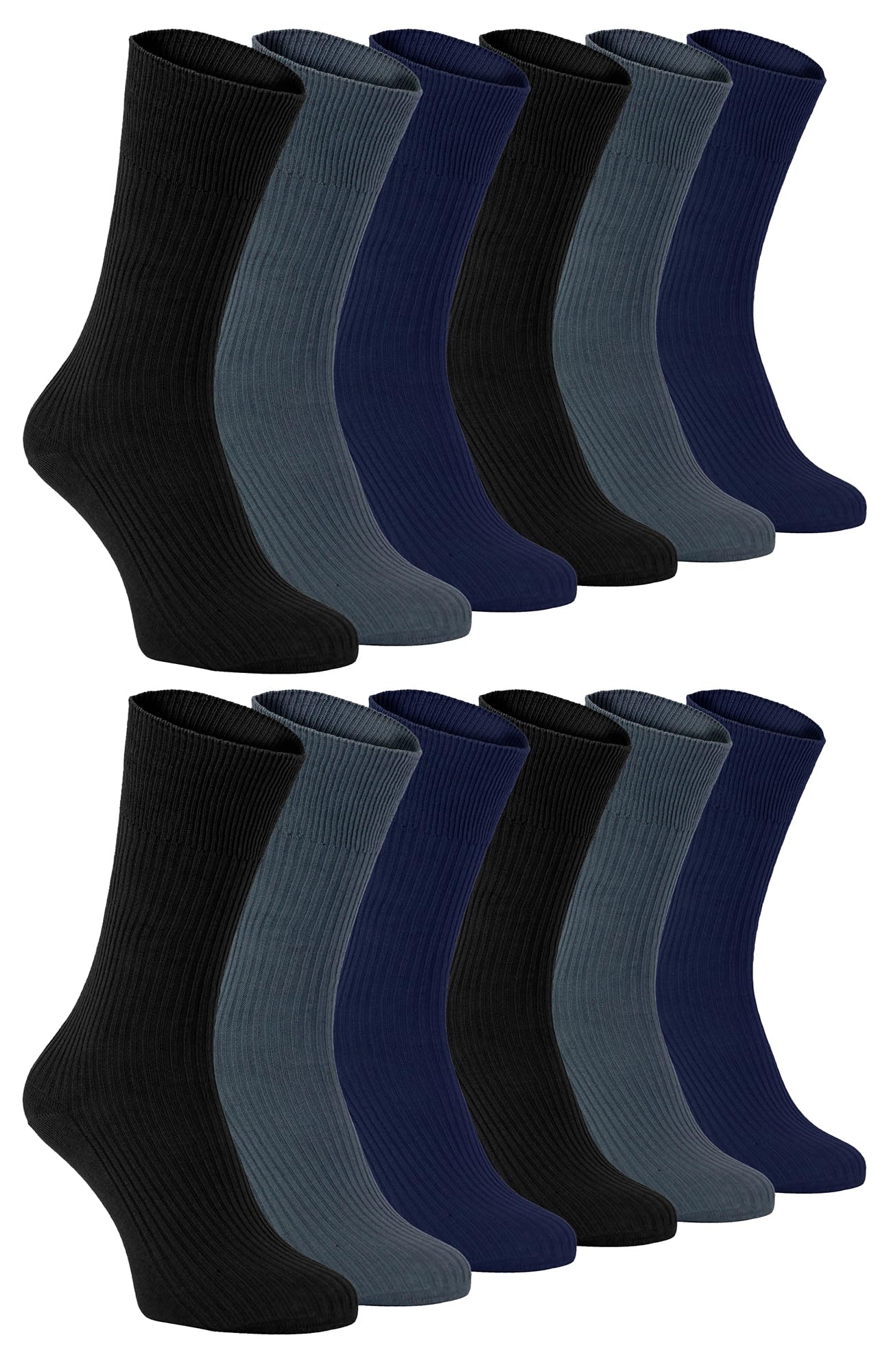 12-Pack Men's Non-Binding 100% Cotton Socks - Loose Wide Top Crew Socks for Comfort & Circulation | Perfect for Diabetics, Swollen Feet & All-Day Wear