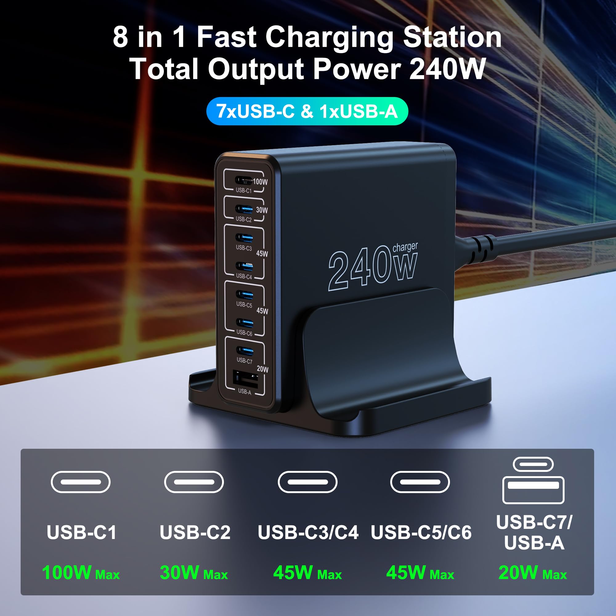 URVNS 240W USB C GaN Charger - 8-Port Compact Fast Charging Station with PD 100W & PPS 45W for MacBook, iPhone 15/14 Pro Max, iPad Pro, Galaxy S23/S22, Pixel - Perfect for Home, Office & Travel Charging Multiple Devices Simultaneously