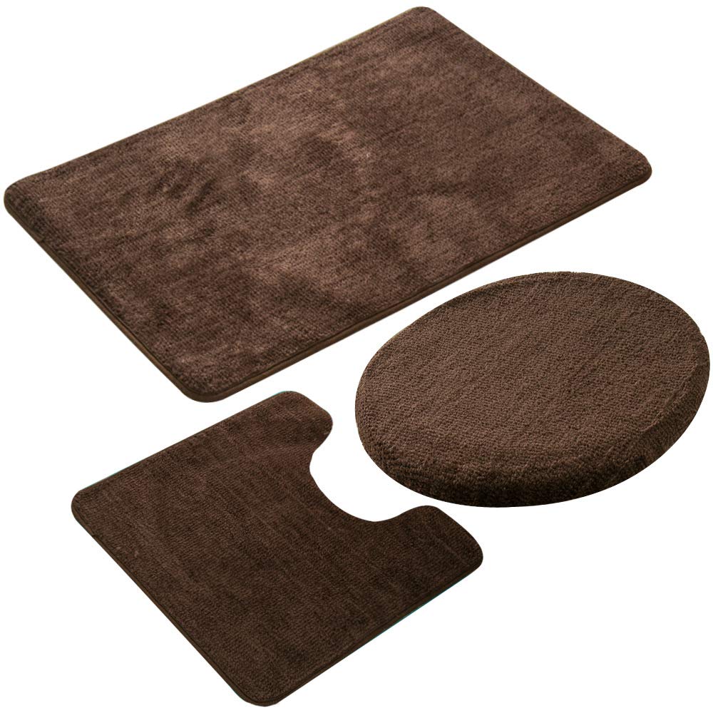 Non-Slip 3-Piece Bathroom Rug Set - Soft Rectangular Floor Mat, U-Shaped Bath Mat & Toilet Lid Cover (Coffee) for Cozy & Safe Bathroom Decor - Perfect for Bathrooms, Showers & Vanity Areas