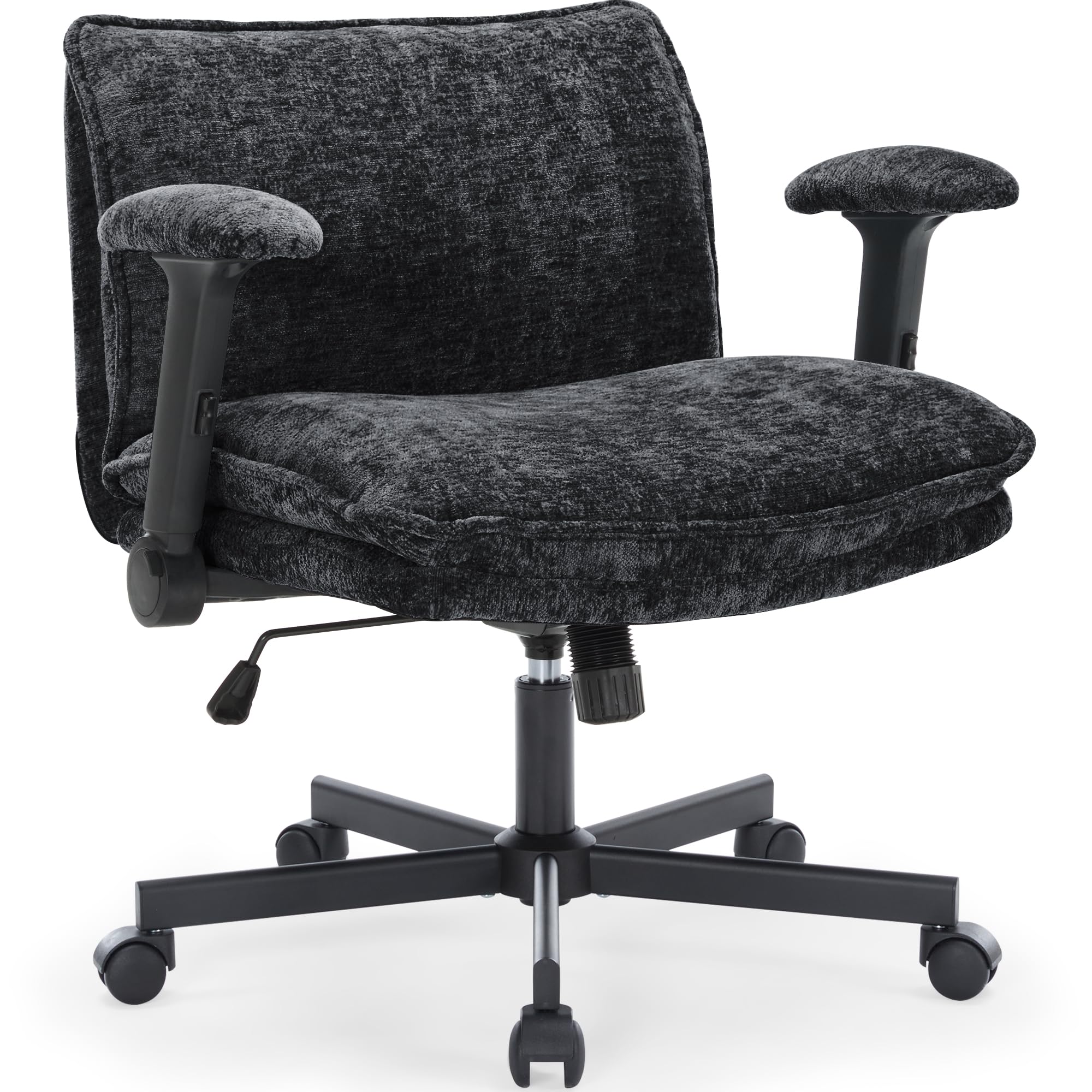 Ergonomic Cross-Legged Office Chair with Wheels & Adjustable Flip-Up Arms - Wide Seat Desk Chair with Thick Cushion for Home Office, Apartment, Bedroom - Perfect for Meditation, Yoga & Work (Black)