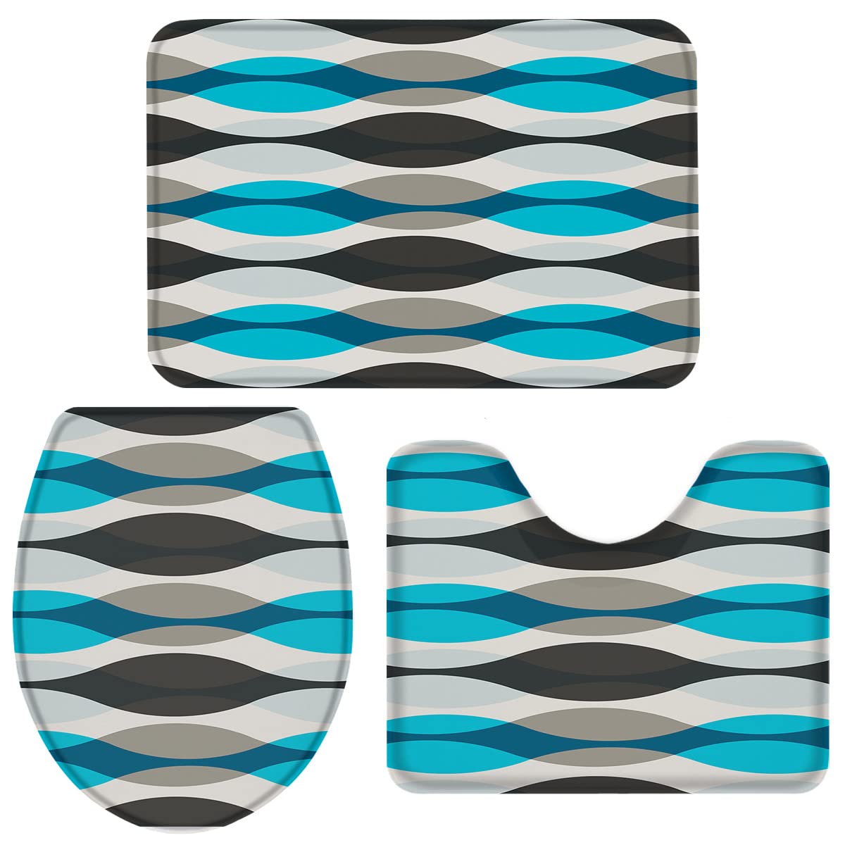 3-Piece Bathroom Rug Set - Non-Slip Teal & Gray Geometric Toilet Seat Cover, Pedestal Mat & Lid Cover | Water Absorbent Bath Mats for Modern Bathrooms, Perfect for Master Bath, Guest Bath & Powder Rooms