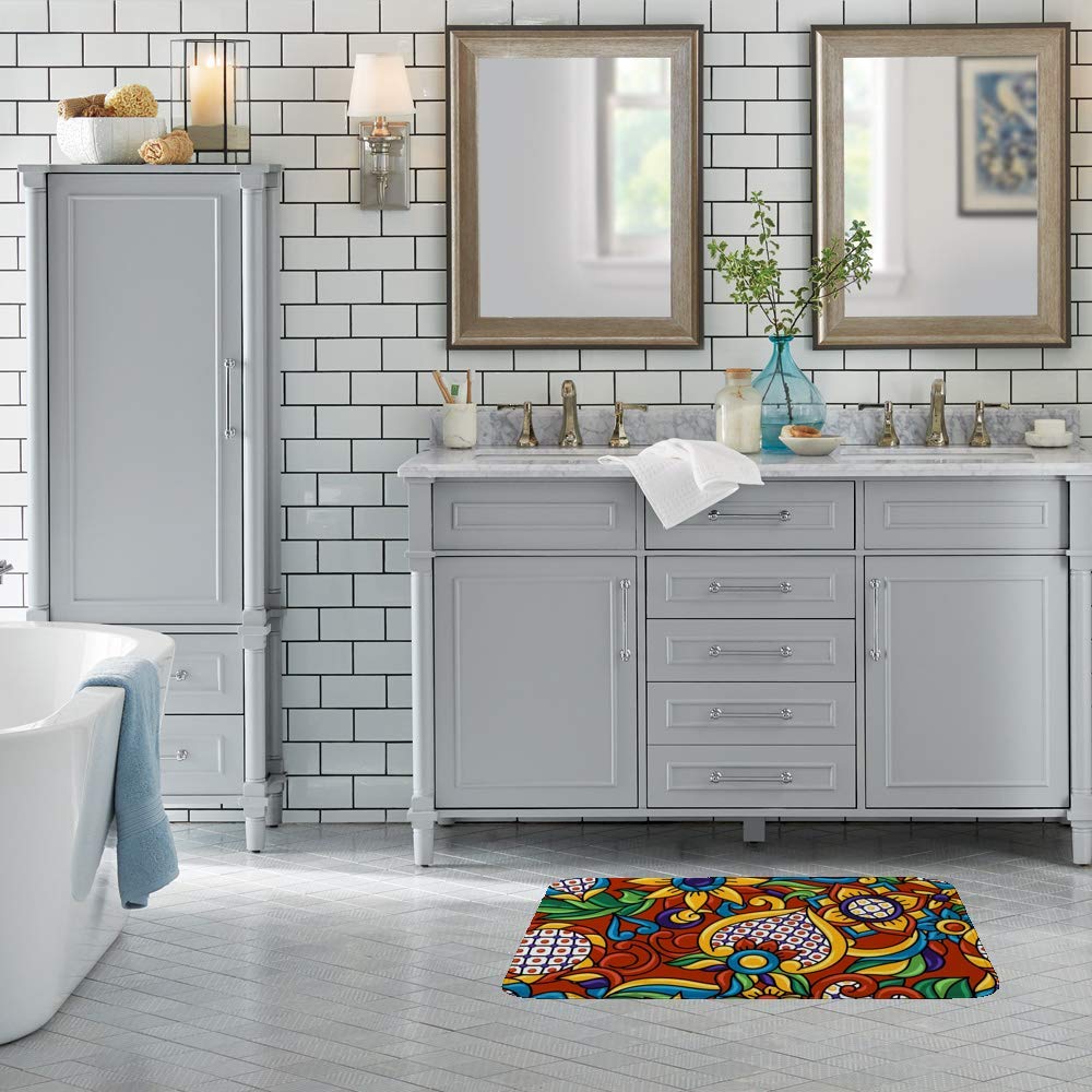 Non-Slip Water Absorbent Bath Rug - Coral Velvet Bathroom Mat with Memory Foam, Machine Washable, Mexican Talavera Ethnic Folk Design, 23.6x15.7 Inch - Perfect for Bathroom, Shower, and Vanity Areas