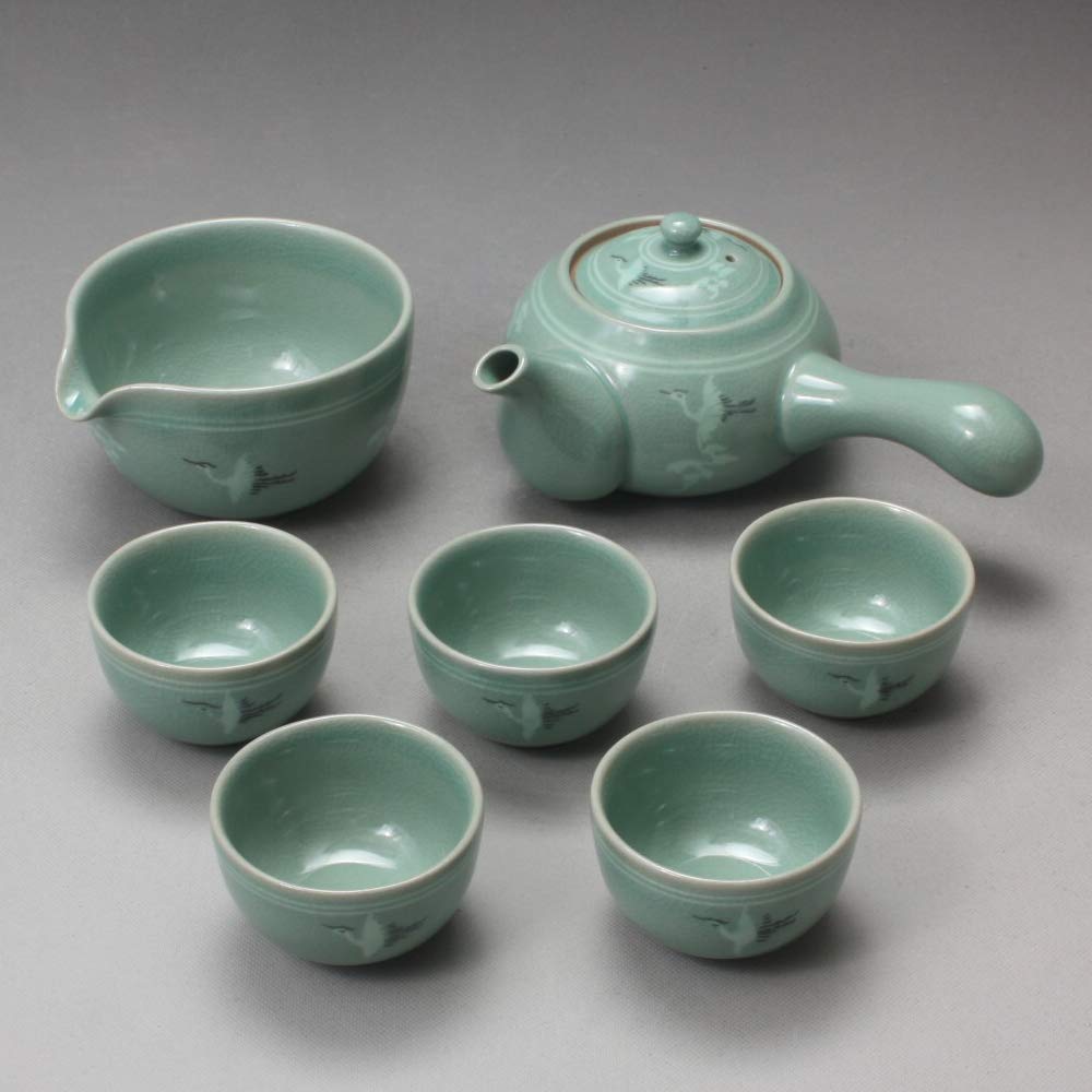 Korean Style Celadon Porcelain Tea Set - Crane & Cloud Design Ceramic Tea Ceremony Gift Set with 11.8oz (350ml) Side Handle Teapot, Cups, Pitcher & Cooling Bowl | Perfect for Japanese Tea Ceremony, Home Decor & Thoughtful Gifts