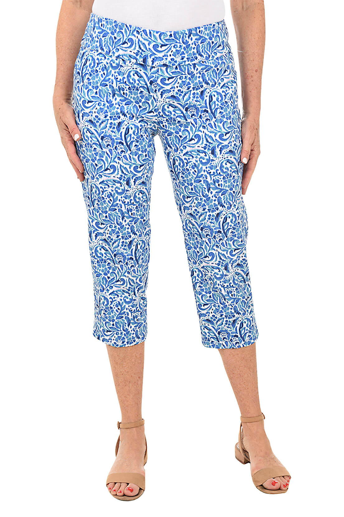 Floral Print High Waisted Pull On Crop Pants for Women - Comfortable Stretchy Yoga Pants for Lounge, Workout & Casual Wear