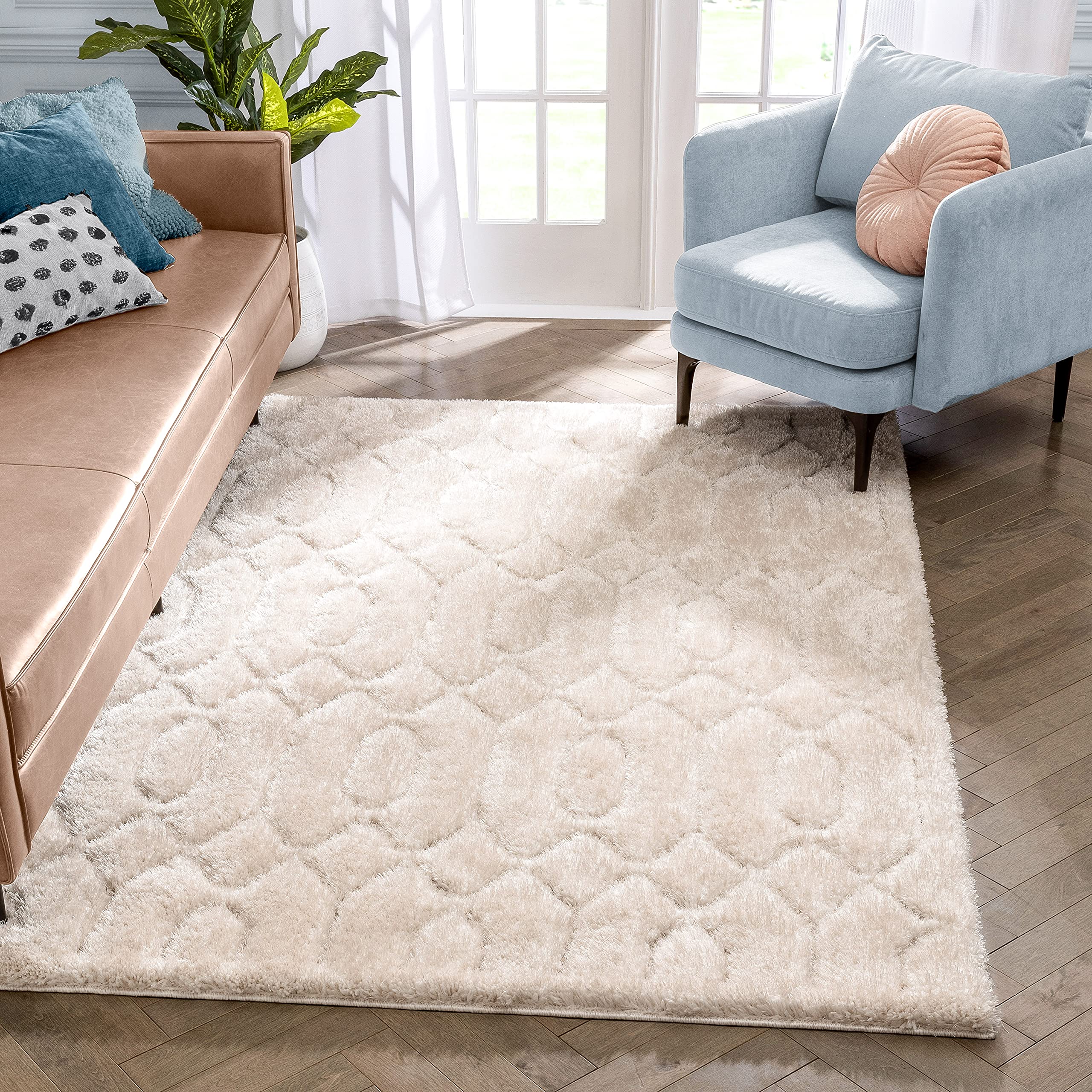 Well Woven Waina Beige 5x7 Geometric Shag Area Rug - Ultra Soft & Thick Non-Slip Living Room Rug for Bedroom, Nursery, or Office Decor (5' x 7'3
