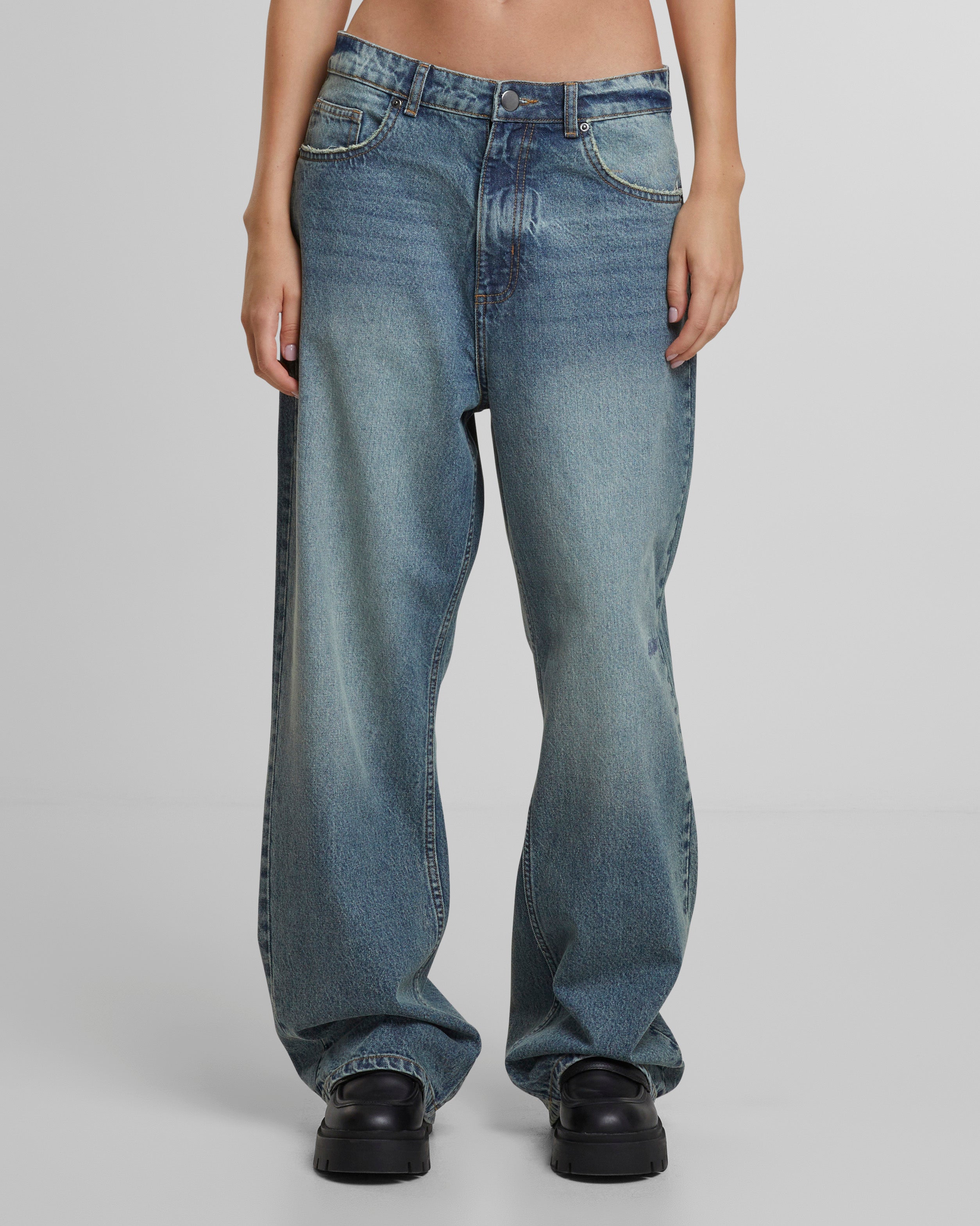 Vintage Blue Baggy Denim Jeans for Women & Men - High Waisted Loose Fit Distressed Jeans - Casual Streetwear, Hip Hop Style, Everyday Wear