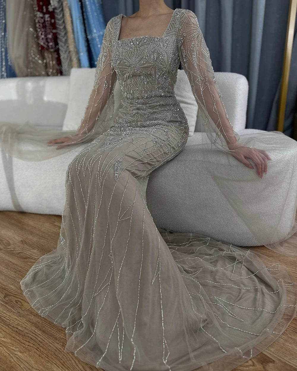 Luxury Dubai Arabic Nude Cape Sleeves Mermaid Saudi Evening Dresses Beaded Formal Party Gowns for Women - Elegant Wedding, Prom, Gala & Special Occasion Wear LA72261B