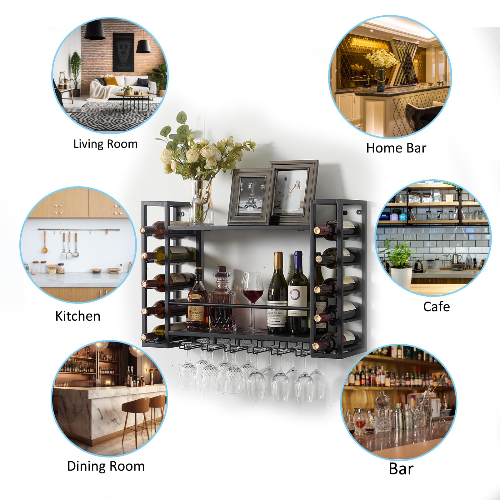 31.5 Inch Black Metal Wall Mounted Wine Rack with Glass Holder - Space Saving Wine Bottle Storage Display for Home Bar, Dining Room, Kitchen - Perfect for Entertaining Guests & Organizing Your Wine Collection
