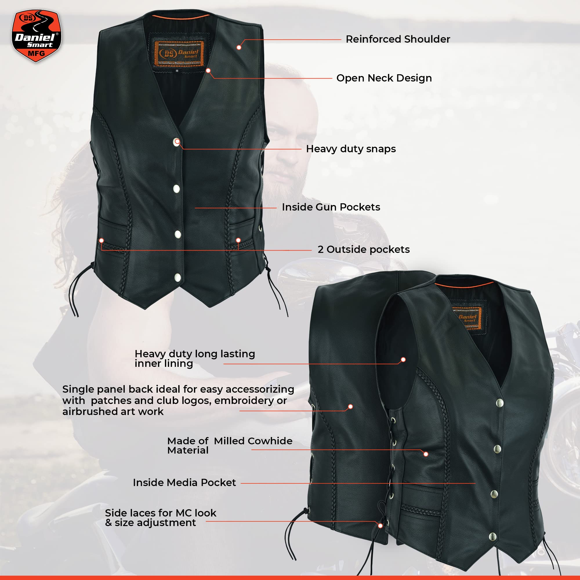 Daniel Smart Women's Leather Vest with Braid Detail & Side Laces - Concealed Armory Pocket for Everyday Wear, Motorcycle Riding & Outdoor Adventures