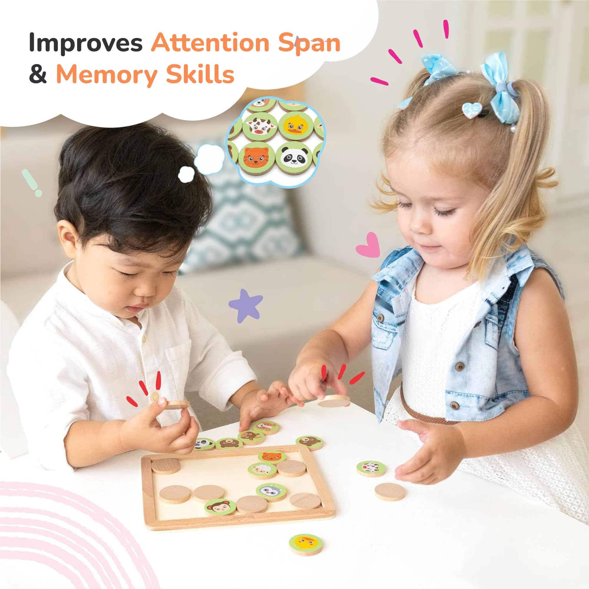 Bimi Boo Wooden Memory Game for Toddlers 3+ - Preschool Learning Toy for Cognitive Development | Fun Matching Game for Kids