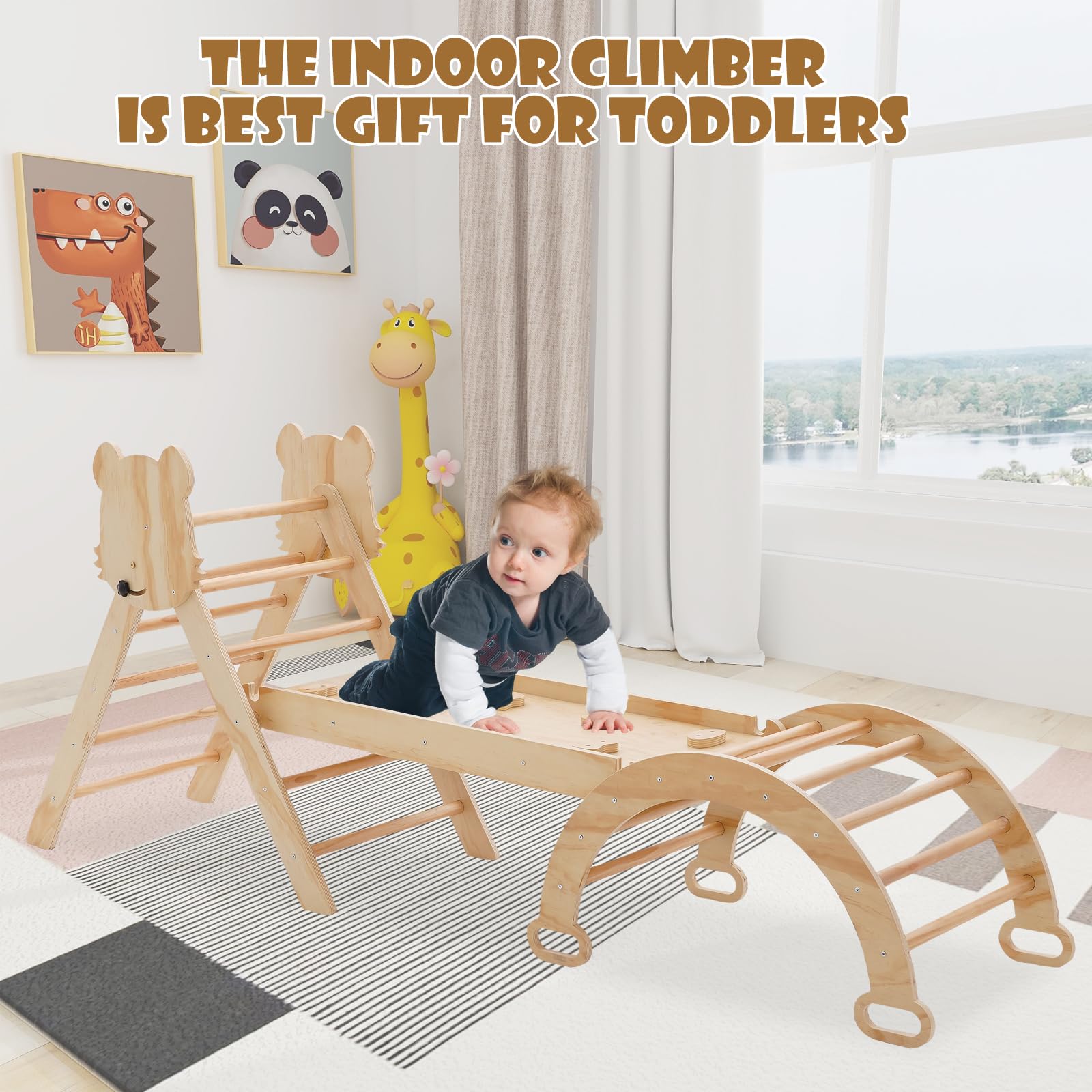 **Pikler Triangle Set for Toddlers - 7-in-1 Foldable Wooden Climbing Gym with Arch, Ramp & Ladder - Montessori Climbing Toys for Kids 3+ Years - Indoor & Outdoor Playground for Active Toddlers**