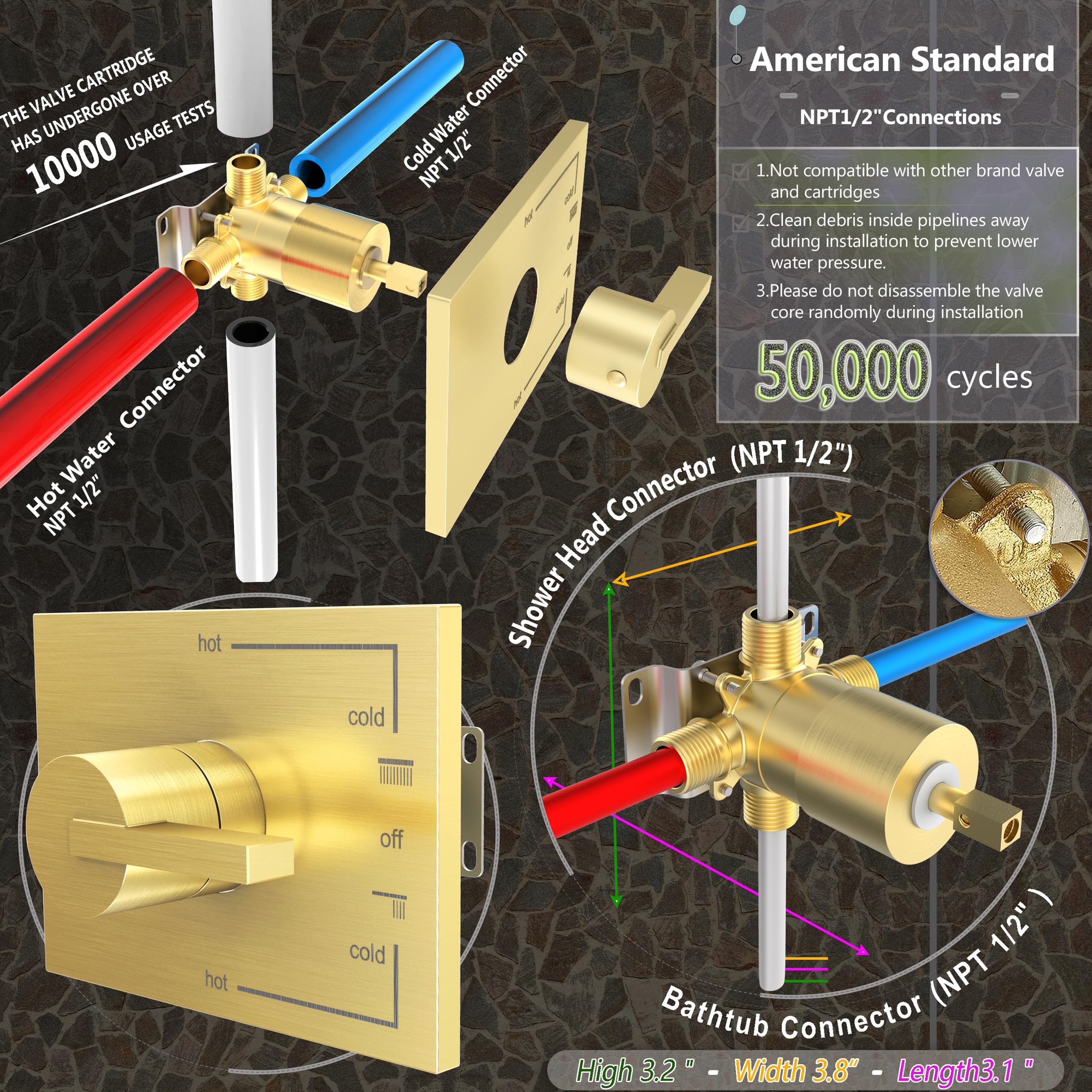 Brushed Gold Shower Fixture Set - 6 Inch Gold Shower Head with Tub Spout & Handle (Valve Included) - Luxury Bathroom Faucet Combo for Modern Home & Spa Experience