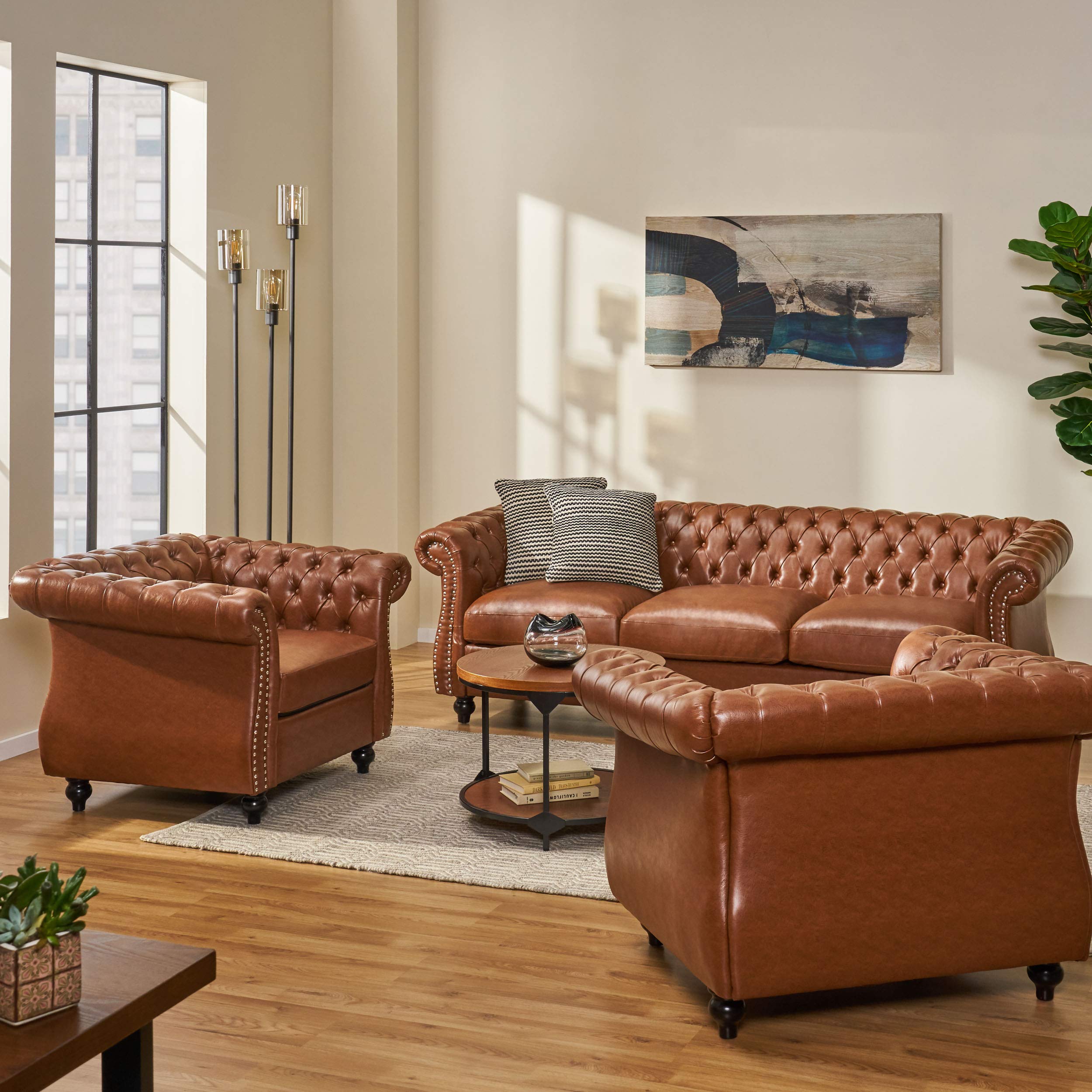 Christopher Knight Home Stephanie Traditional Chesterfield 3-Piece Living Room Set in Cognac & Dark Brown - Perfect for Classic Living Rooms, Offices & Cozy Home Decor