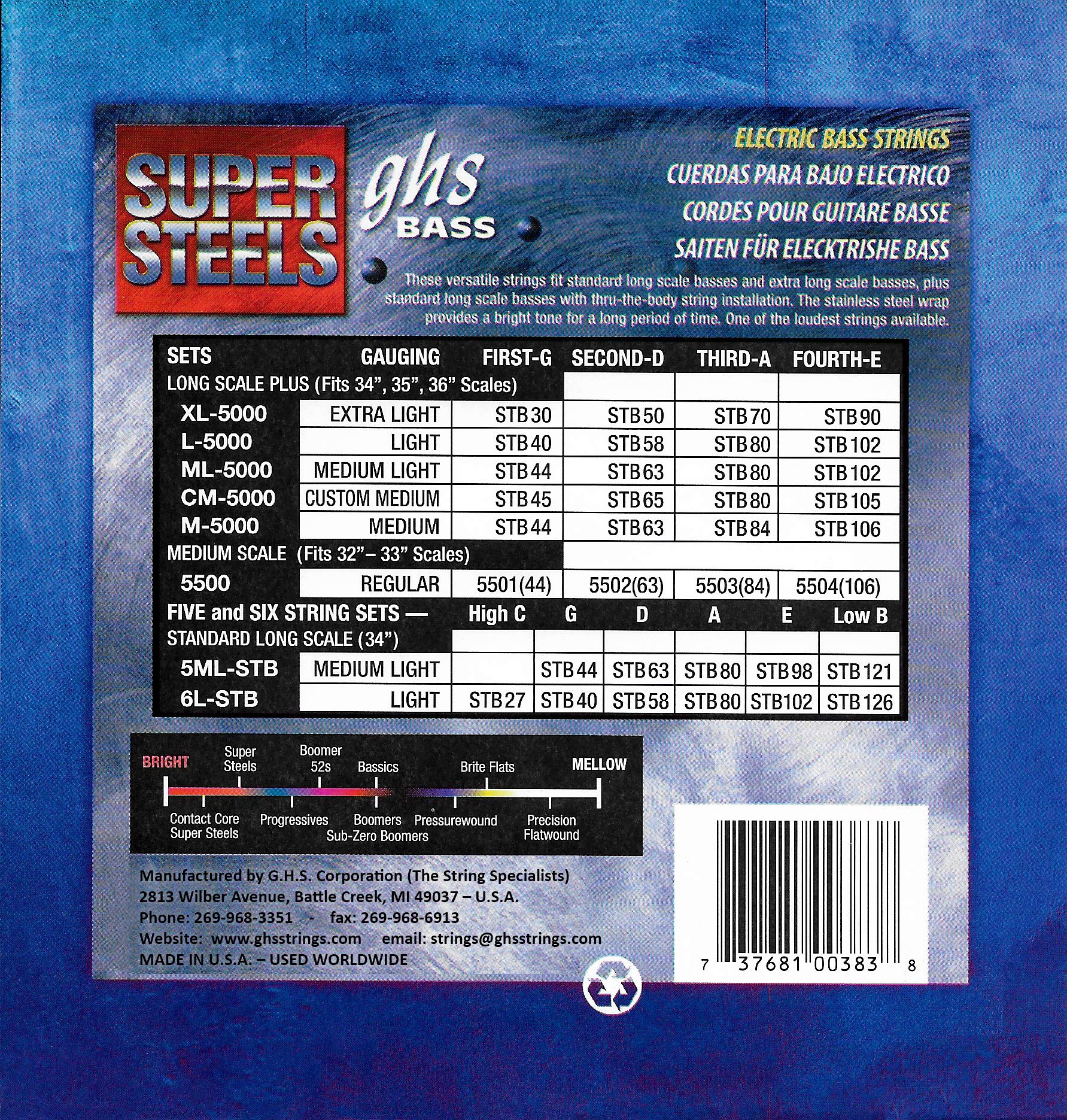 GHS Strings 5ML-STB Super Steels Stainless Steel Bass Guitar Strings - Medium Light Gauge (44-121) for Professional Bass Players & Recording Studios