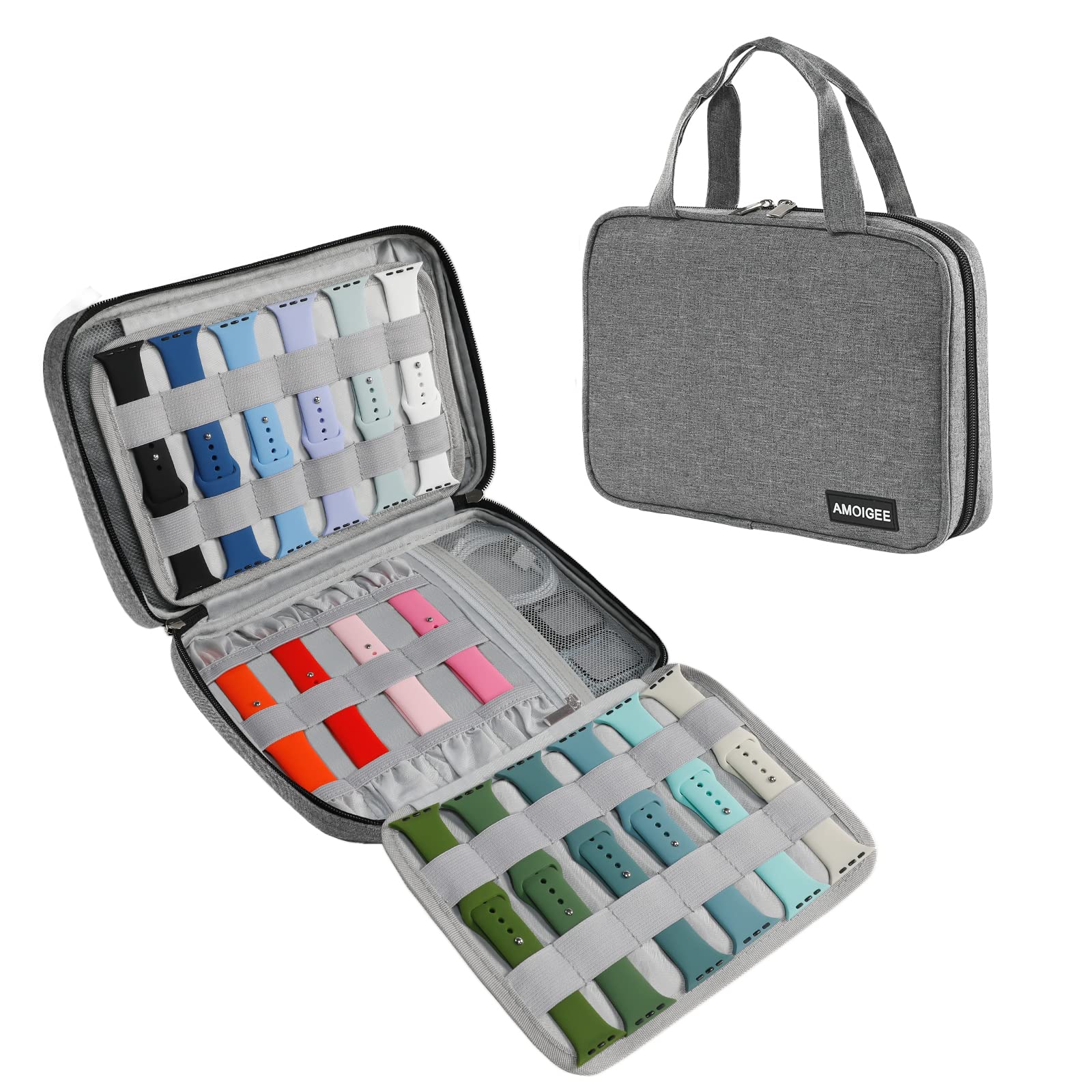 AMOIGEE Watch Band Storage Organizer Case - Holds 32 Watch Straps, Compatible with Apple Watch Bands 38mm/40mm/44mm, Headphones & Watch Accessories - Grey | Perfect for Travel, Home Organization & Watch Collection Display