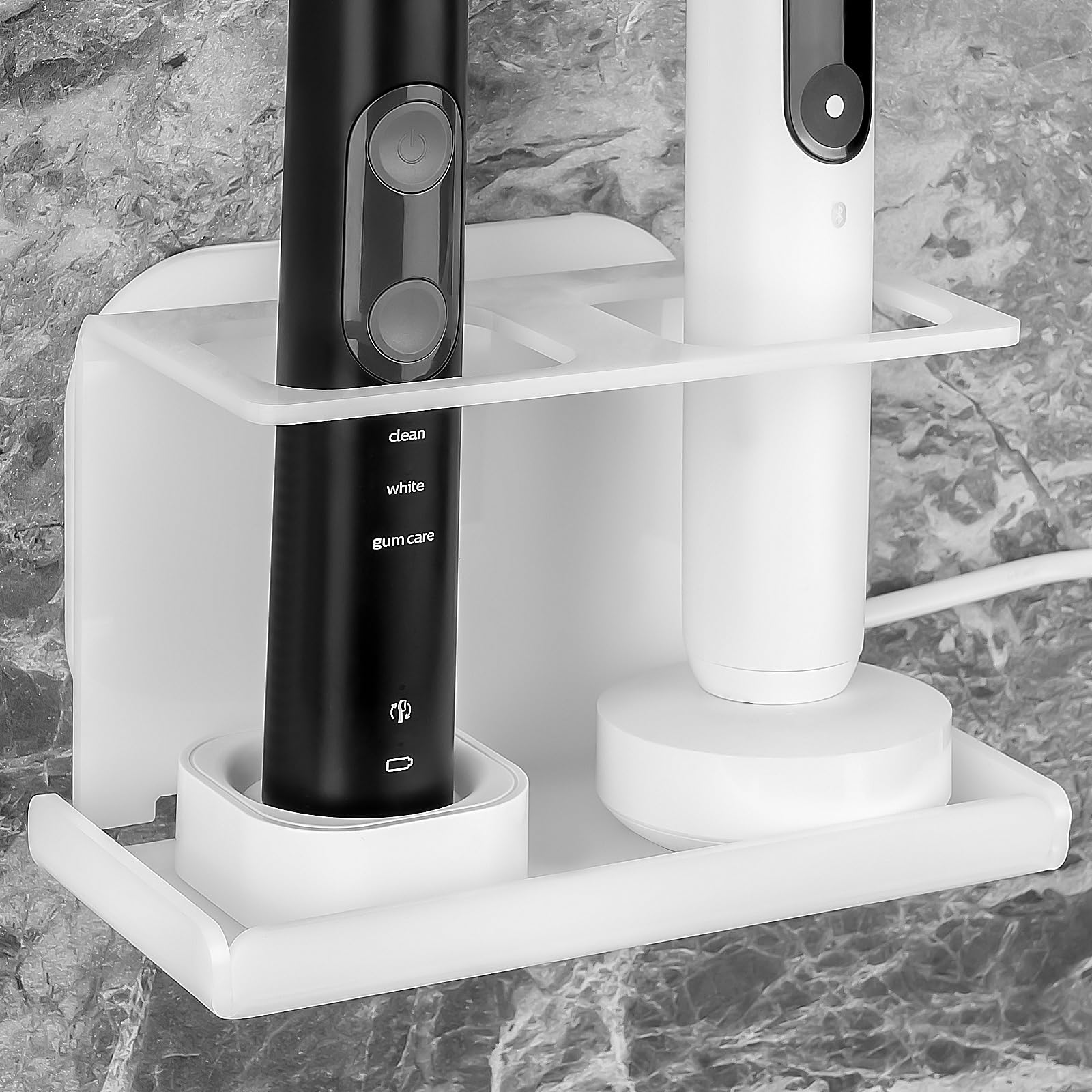 Wall Mounted Electric Toothbrush Holder with 2 Charger Slots - Self Adhesive Bathroom Organizer for Oral B, Philips Sonicare - Perfect for Small Spaces, Dorms & Medicine Cabinets (White)