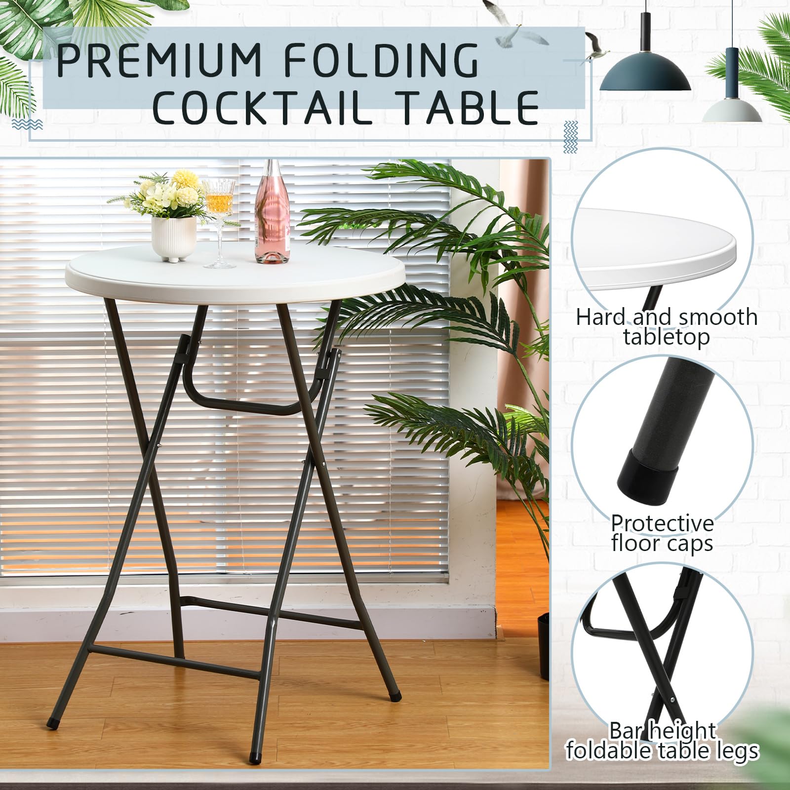 Wenqik 2-Pack 32'' High Top Cocktail Tables - White Round Bar Height Folding Tables with Removable Legs (32x43'') & Stretch Spandex Tablecloths - Perfect for Parties, Weddings, and Outdoor Events