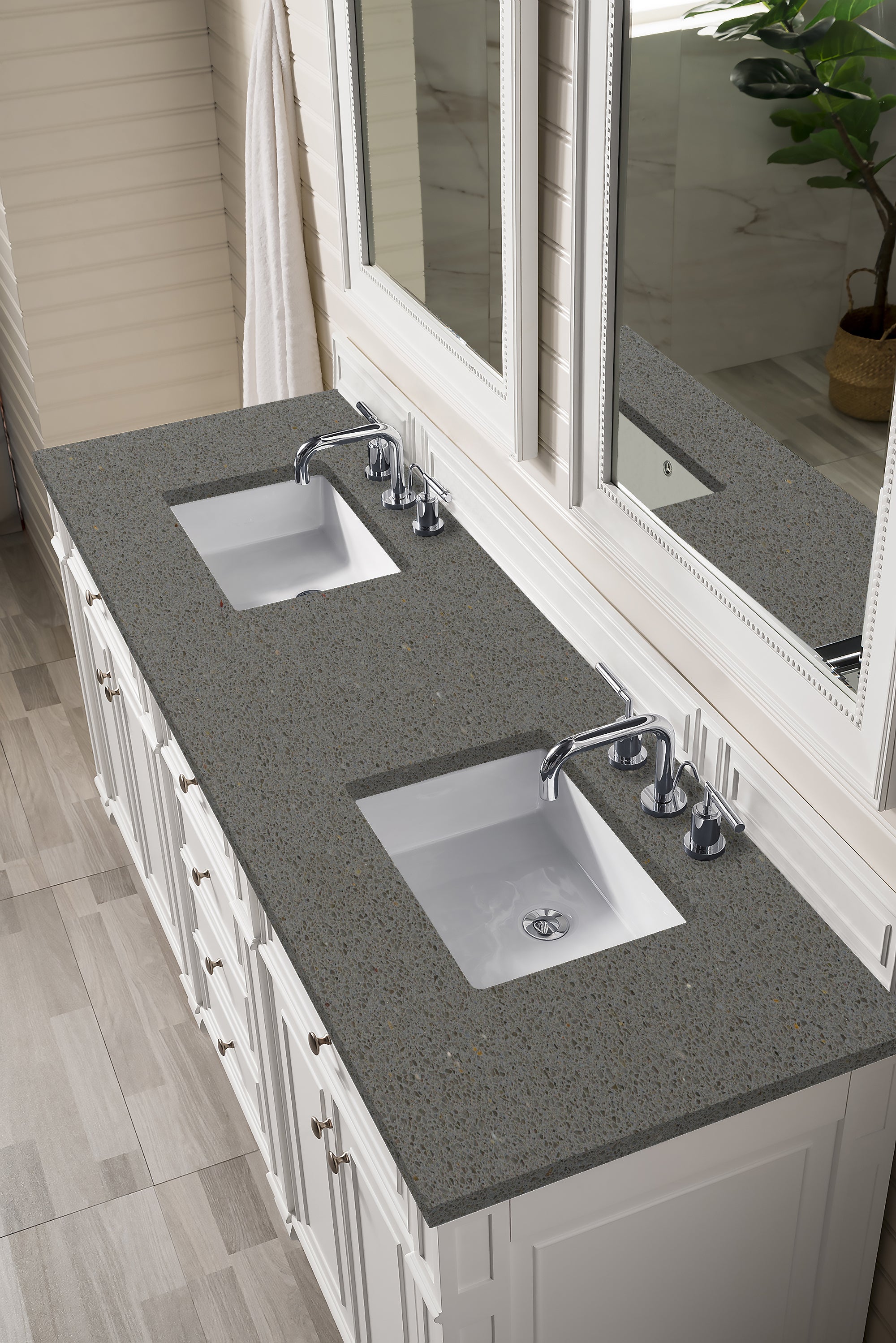 Bristol 72 Inch Double Bathroom Vanity with 3CM Grey Expo Quartz Top - Bright White Finish for Modern Master Bathroom & Guest Bathroom Remodeling