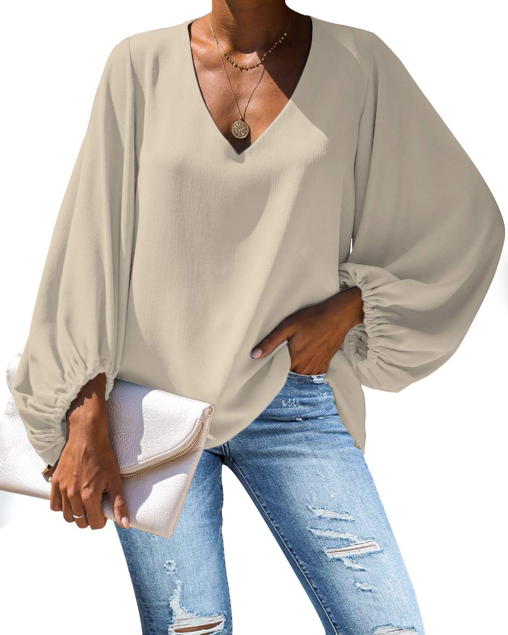 Deep V Neck Batwing Blouse - Loose Long Sleeve Work Shirt for Office & Casual Wear