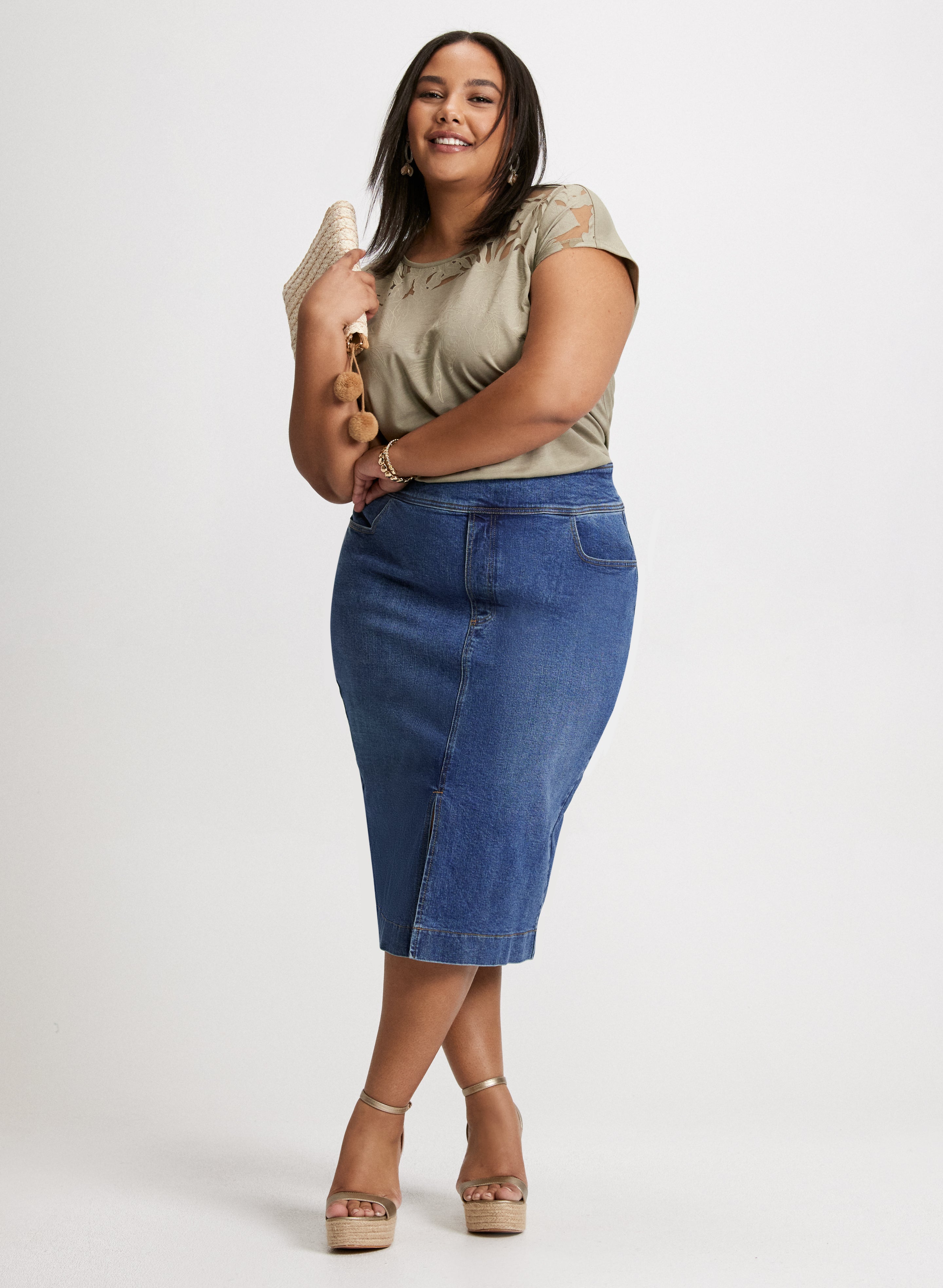 Floral Lace Detail Burnout T-Shirt & Denim Pencil Skirt Set for Women - Casual Outfit for Spring Summer, Perfect for Office, Date Night and Weekend Brunch