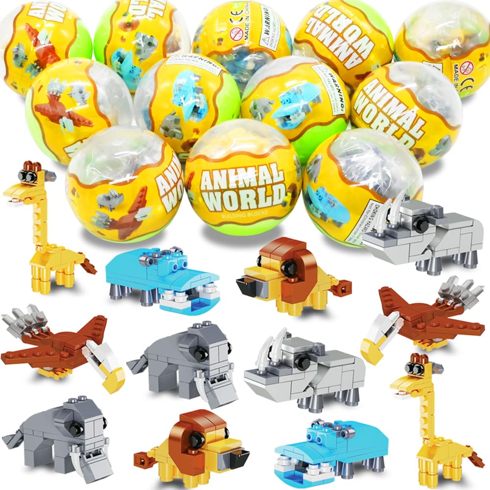 WODMAZ 12PCS Prefilled Easter Eggs with Animal Building Blocks - Safari Animal Toys Set for Kids, Easter Basket Stuffers, Classroom Prizes & Egg Hunt Gifts - Perfect for Easter Celebrations, Birthday Parties & Educational Playtime
