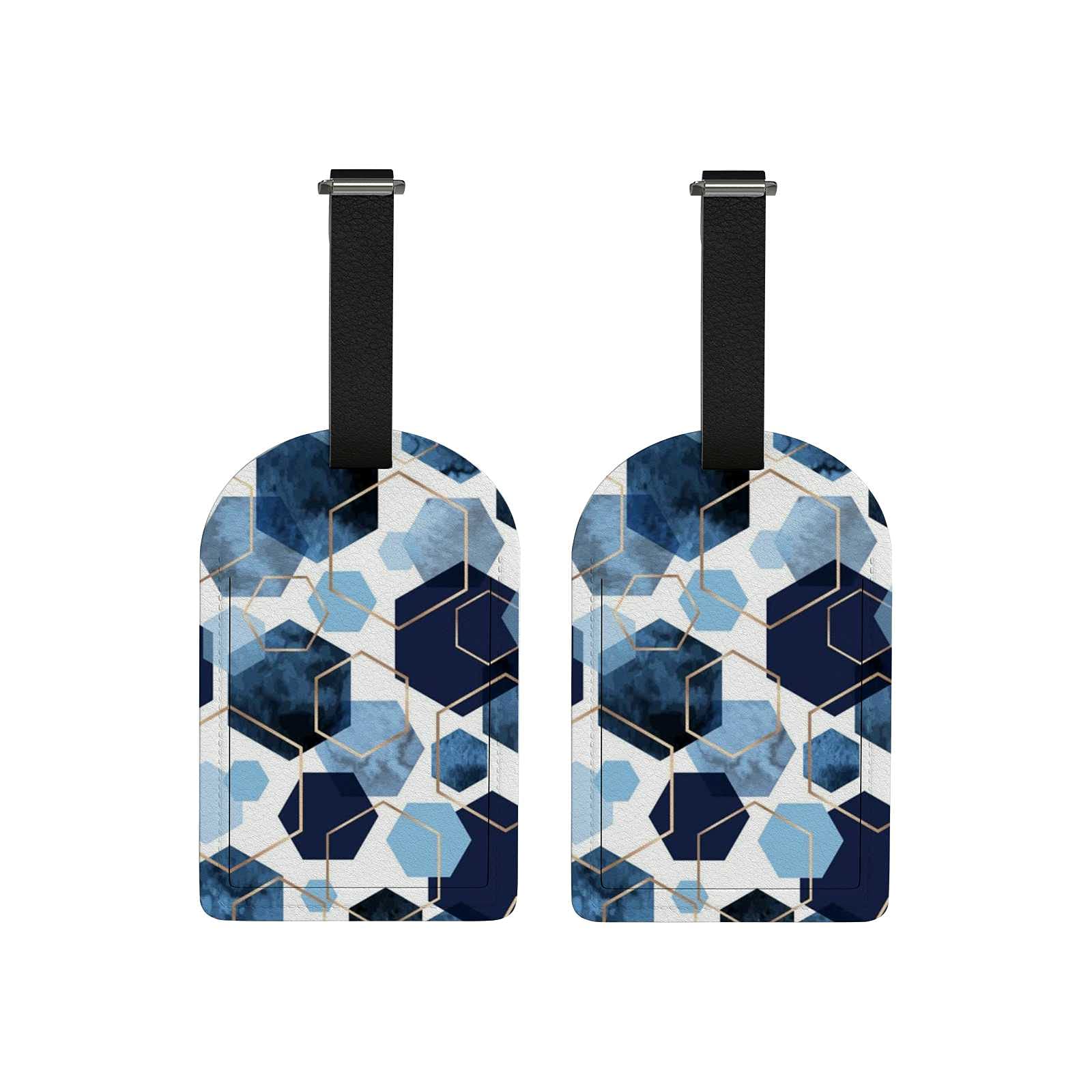 2 Pcs Leather Luggage Tags with Name ID Card & Privacy Cover - Travel Accessories for Suitcase & Backpack - Modern Blue Geometric Design - Perfect for Air Travel, Business Trips & Vacation Identification