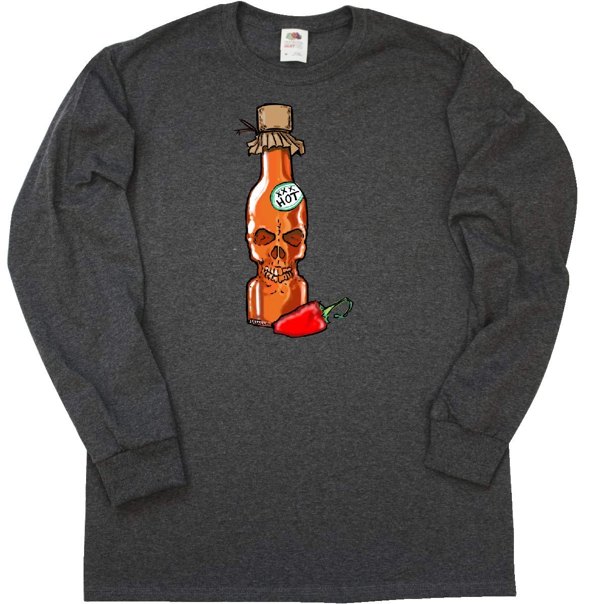 Inktastic Hot Sauce Skull Bottle with Pepper Graphic Long Sleeve T-Shirt for Men & Women - Spicy Food Lover Gift, Halloween & Casual Wear