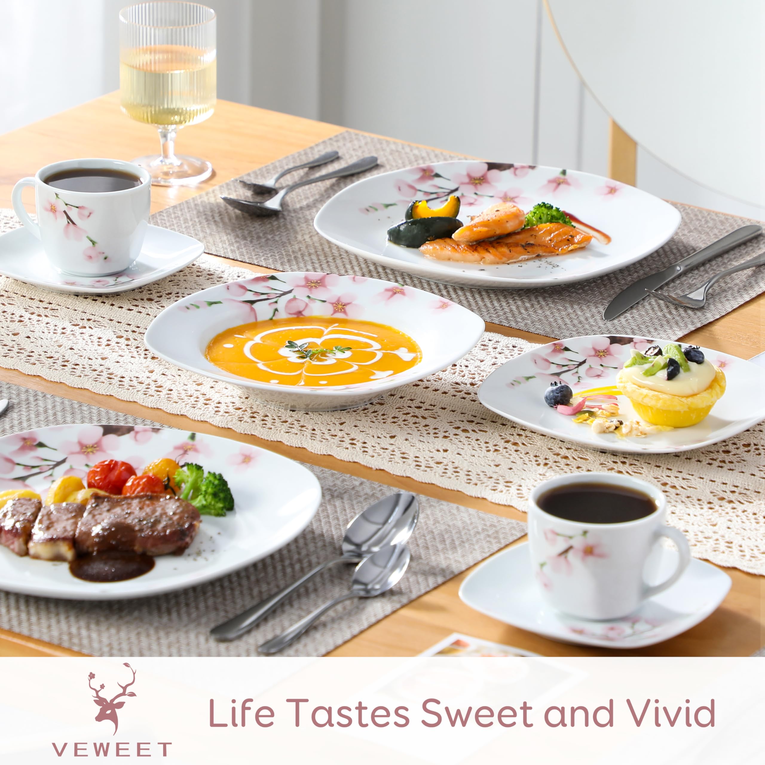 VEWEET Annie Series 30-Piece Porcelain Dinnerware Set for 6 - Elegant White with Pink Floral Design, Includes Dinner Plates, Dessert Plates, Soup Bowls, Cups & Saucers - Perfect for Family Dinners, Bridal Showers & Formal Dining