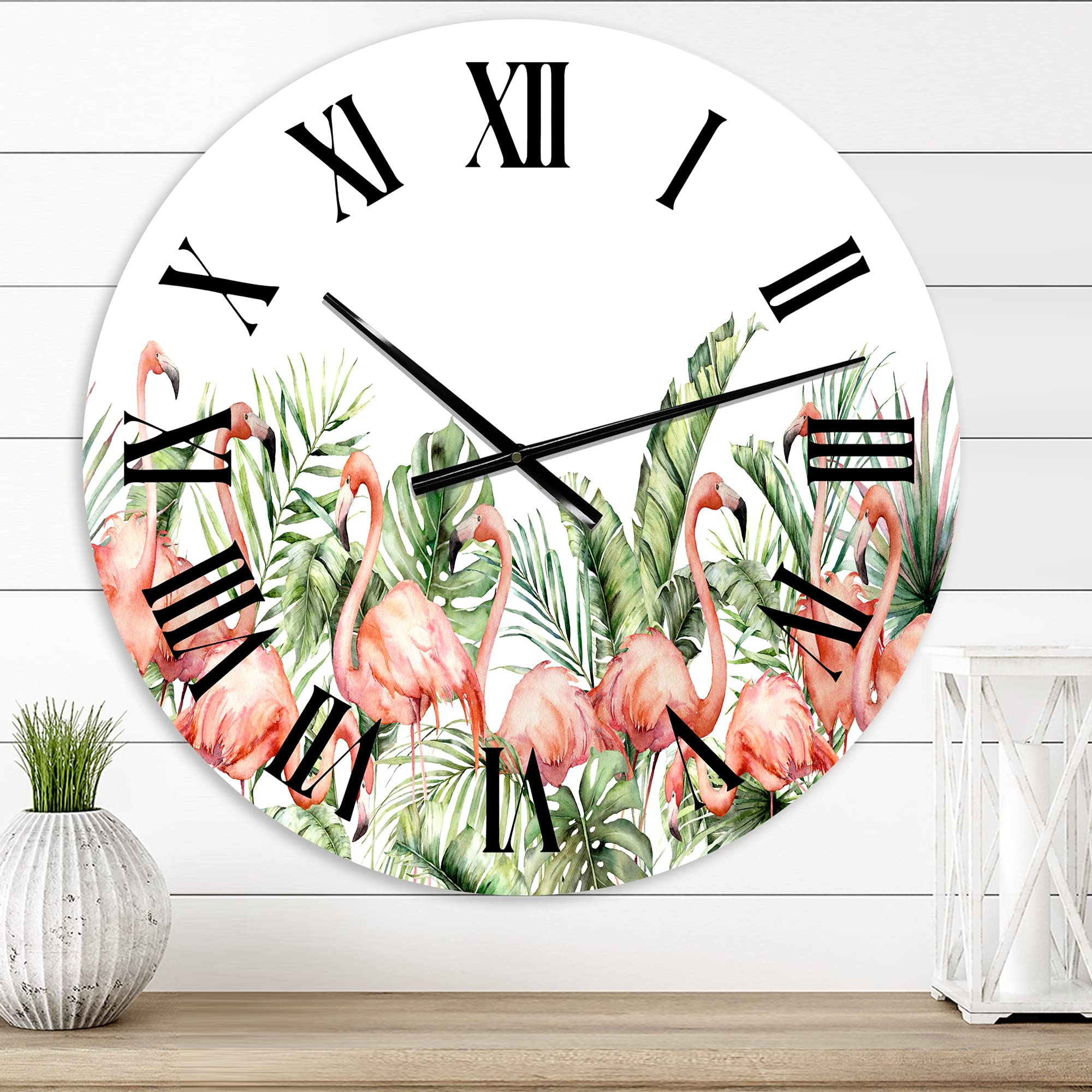 DesignQ Traditional Wall Clock - Pink Flamingos, Palm Leaves & Tropical Birds - Large Floral Botanical Wall Clock for Bedroom, Living Room, Office Decor | Perfect for Tropical, Beach & Boho Home Décor