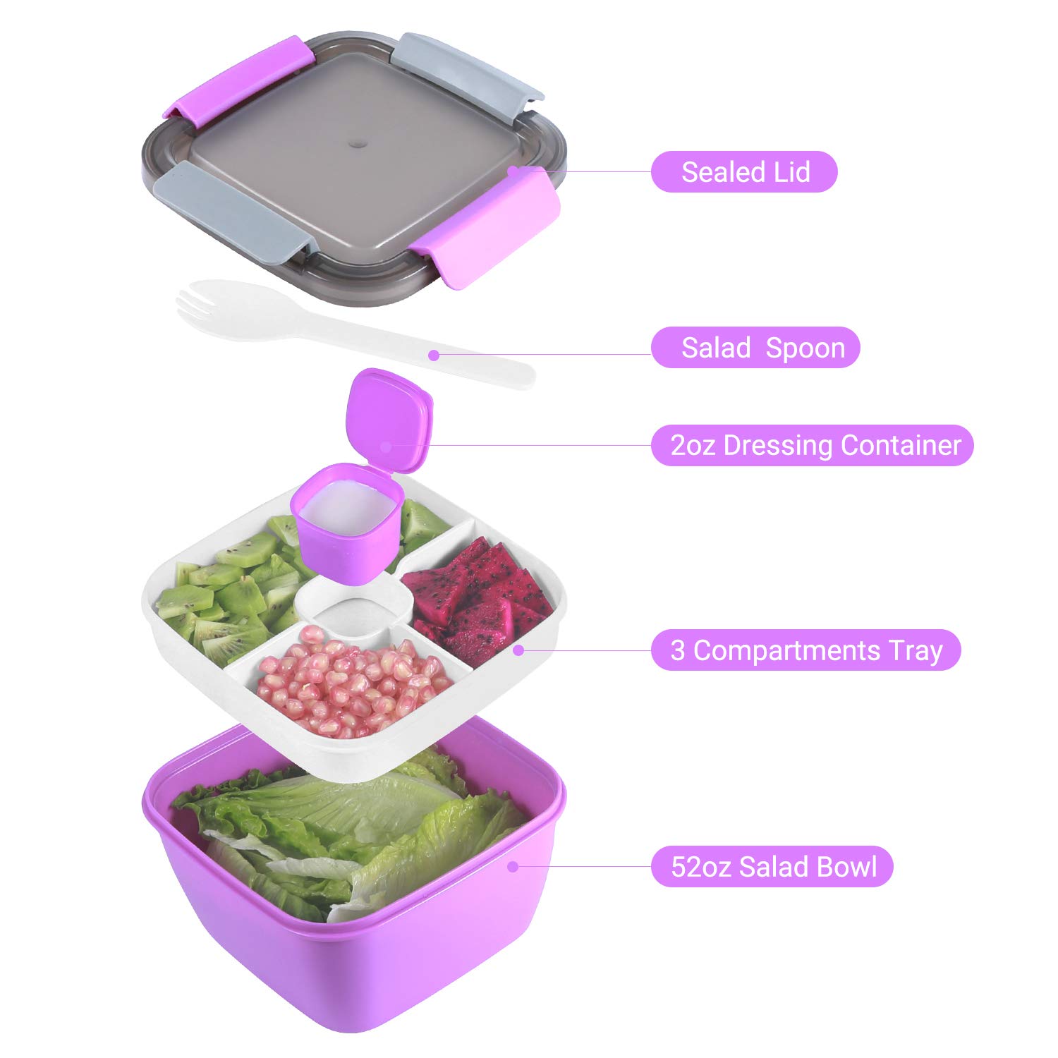 Freshmage 52 oz Bento Lunch Box with 3 Compartments & Dressing Container - Leakproof Meal Prep Container for Salads, Snacks, Office Lunch - Perfect for Men & Women (Purple) | Ideal for Meal Prep, Work Lunch, Picnics & Healthy Eating On-the-Go