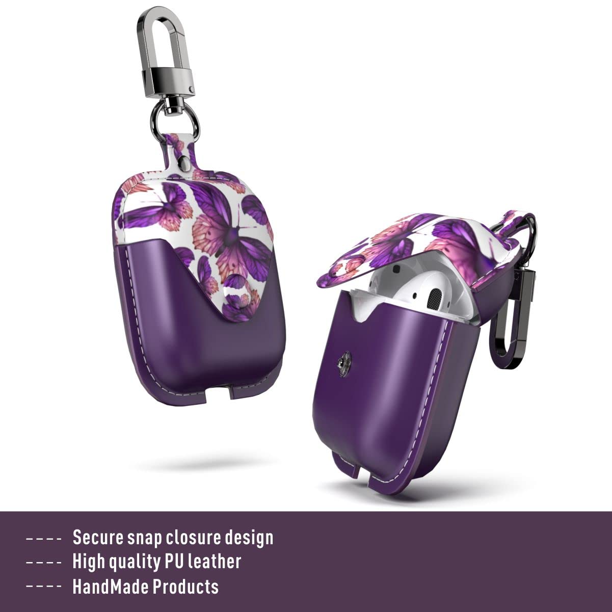 GuarzFun Leather AirPods Case with Clip - Wireless Charging Compatible for Women & Girls (Purple Flower) - Perfect for Work & Travel