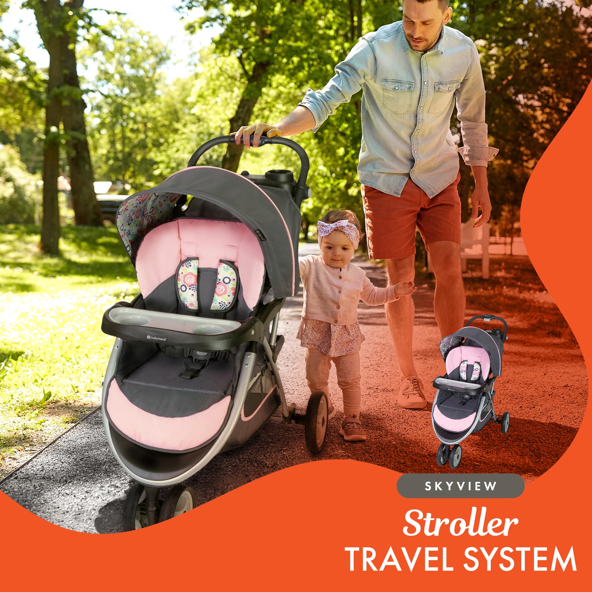 Baby Trend Skyview Stroller Travel System with EZ Flex-Loc Infant Car Seat - Lightweight Compact Baby Stroller with Adjustable Canopy & Storage Basket | Perfect for Newborns, Travel, Shopping & Daily Walks (Flora Pattern)