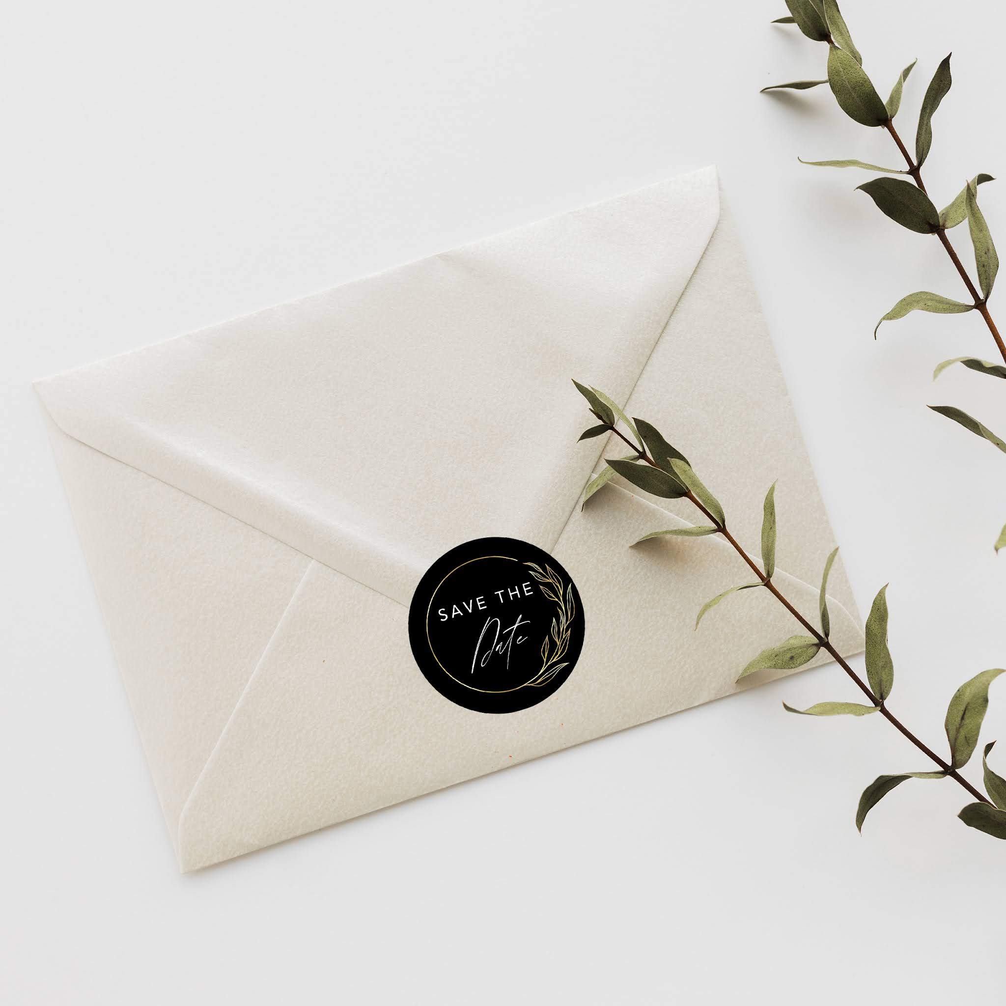 Save The Date Stickers - 2 Inch Round Wedding Seals with Black & Gold Leaf Frame Design (120-Pack) for Invitations, Envelopes & Stationery - Perfect for DIY Wedding Planning & Bridal Shower Decorations