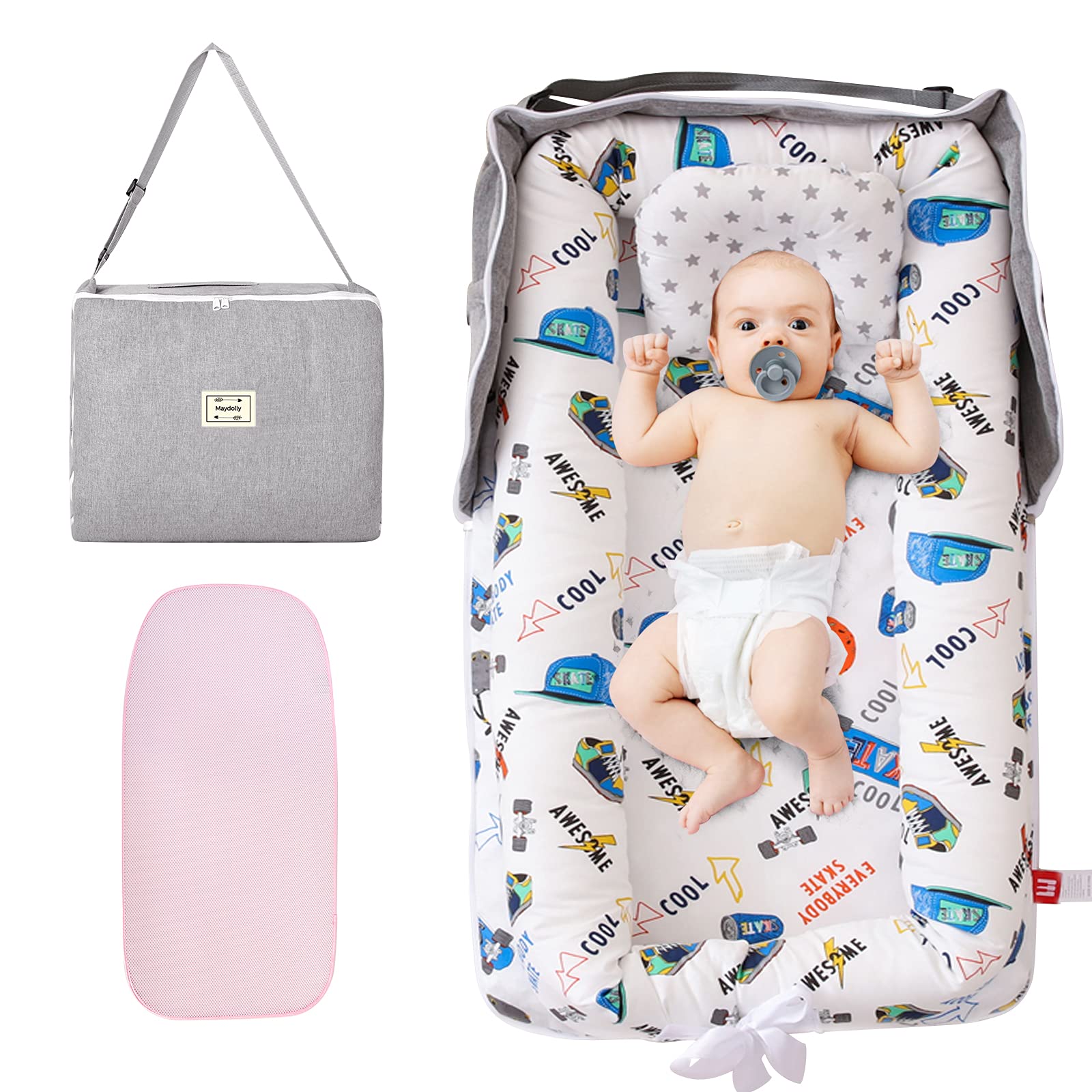 Breathable Baby Lounger & Co-Sleeping Nest - Portable Infant Bassinet Crib for Napping, Travel & Home Use with Cooling Summer Mat - Perfect for Newborns, Daycare & On-the-Go Parents