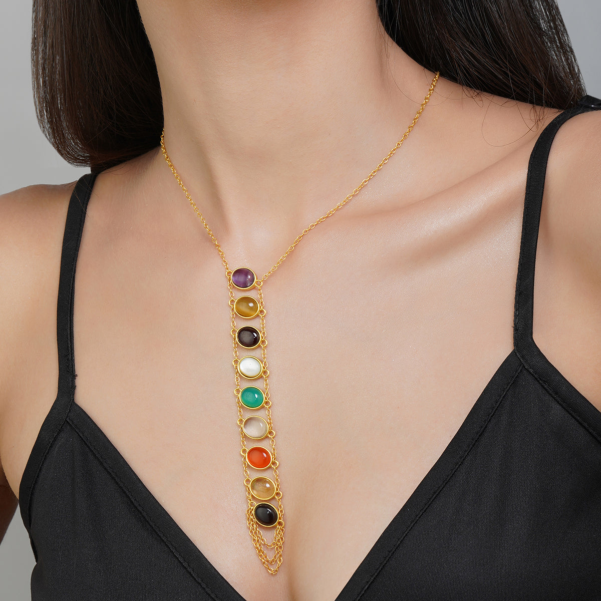 Navratan Lariat Necklace with Genuine Gemstones - Elegant Layered Statement Jewelry for Women | Perfect for Weddings, Parties & Special Occasions