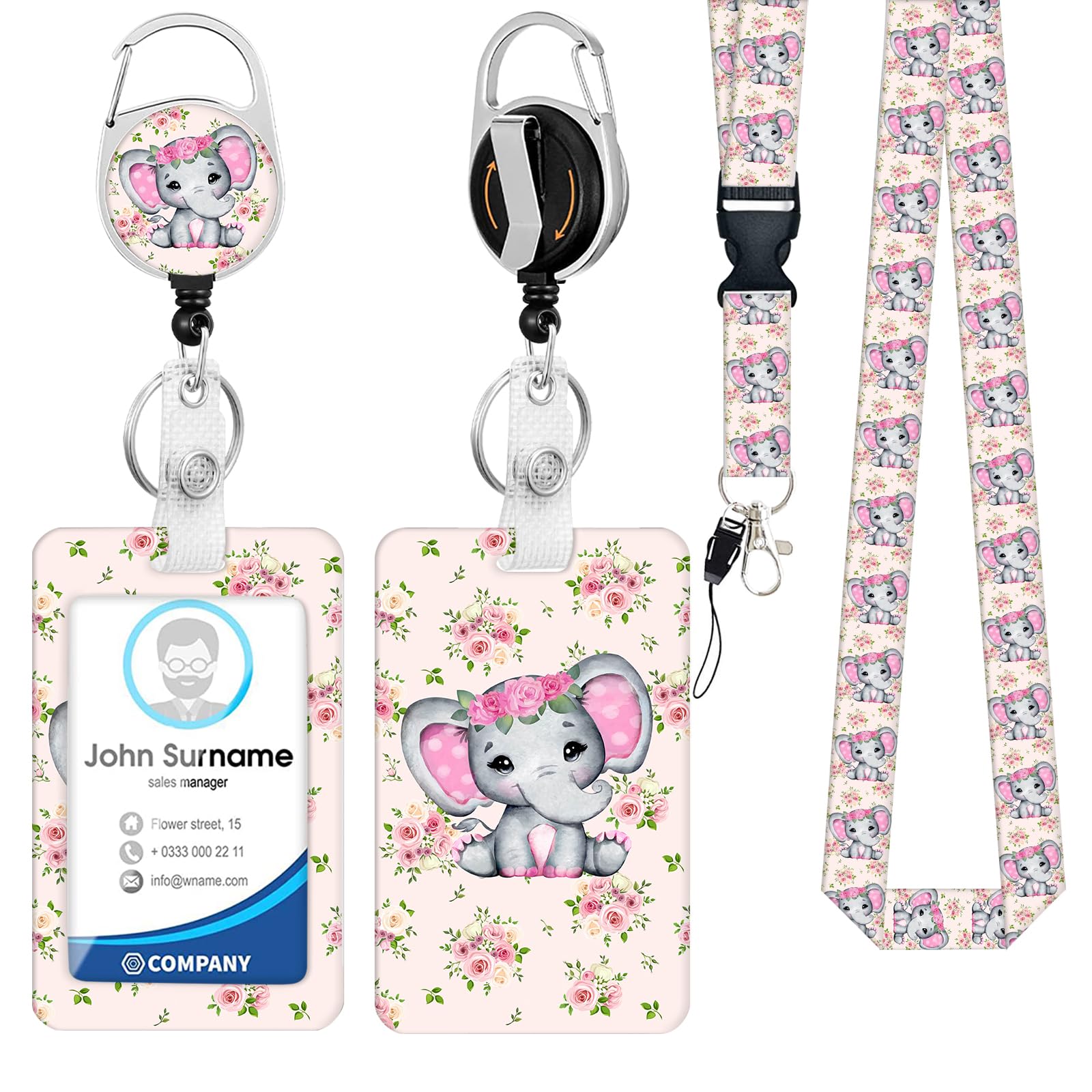 Funny Elephant ID Badge Holder with Retractable Lanyard for Office, School & Work Accessories