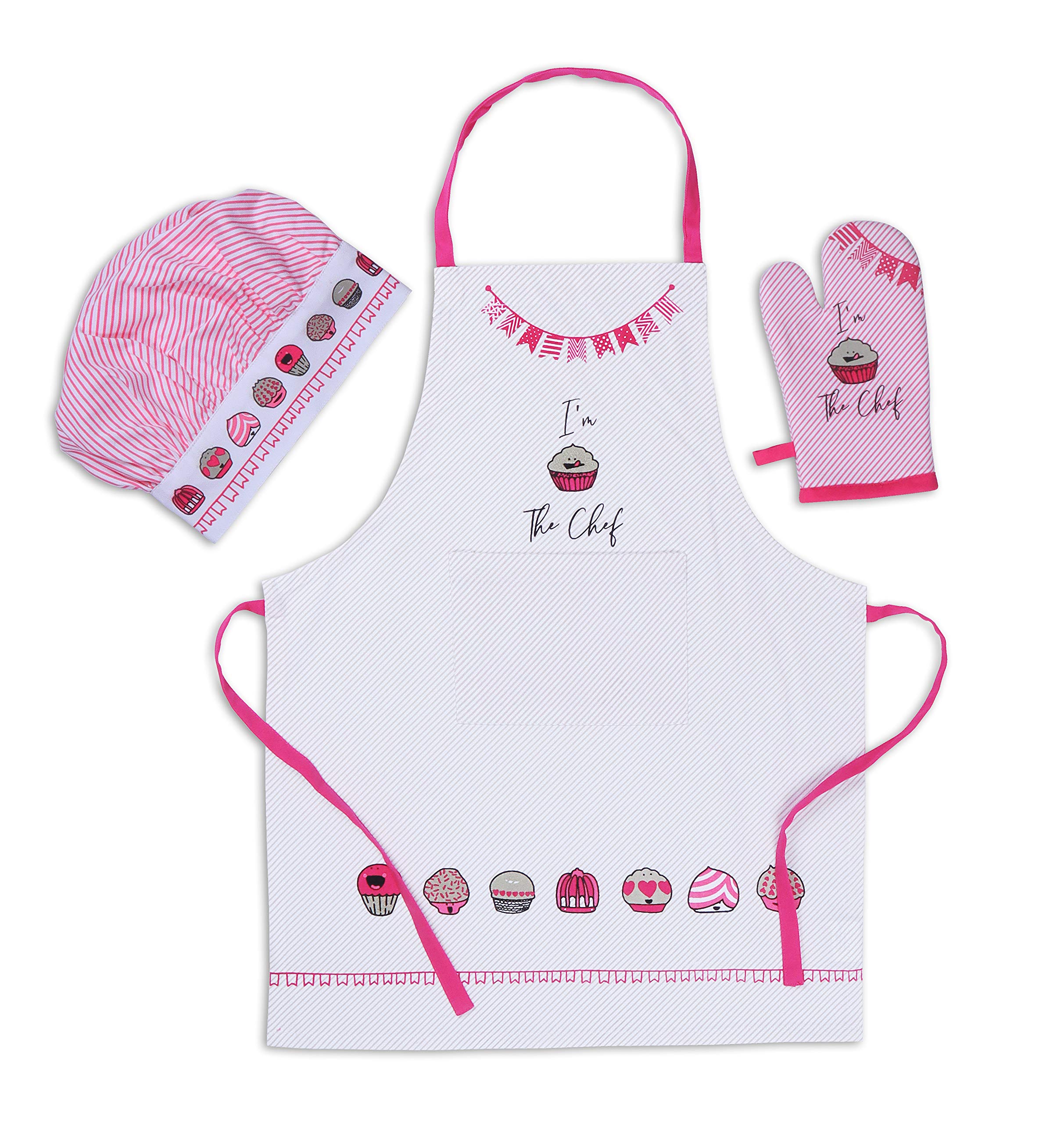 AMOUR INFINI 3-Piece Kids Baking Set - Cotton Apron, Oven Mitt & Chef Hat for Junior Chefs - Perfect for Baking, Cooking Play & Birthday Gifts for Boys & Girls