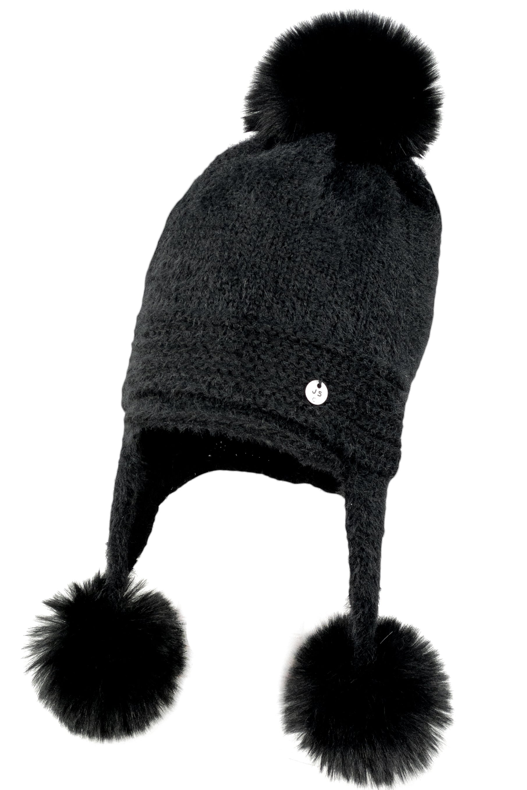 Luxury Black Cashmere Triple Faux Fur Pom Pom Winter Hat for Women - Soft Warm Beanie for Cold Weather, Outdoor Activities & Fashion Accessory