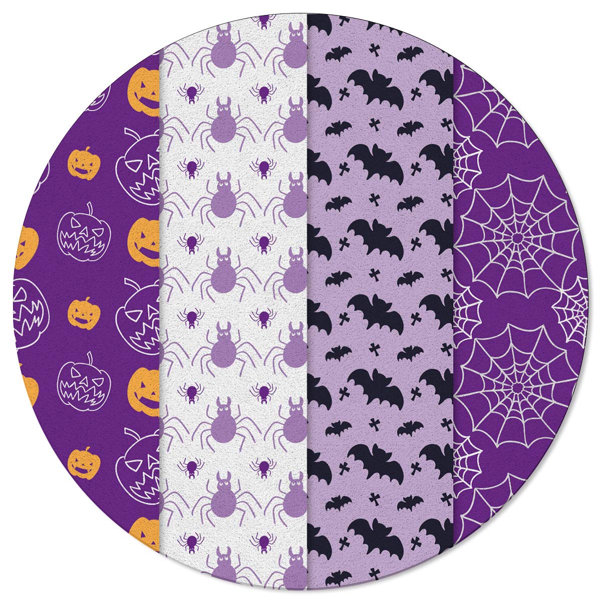 Savannan Round Halloween Area Rug - 5ft Non-Slip Purple & White Pumpkin Bat Web Stripes Accent Rug for Dorm, Bedroom, Office & Living Room | Cozy Fall Decor & Seasonal Home Floor Mat